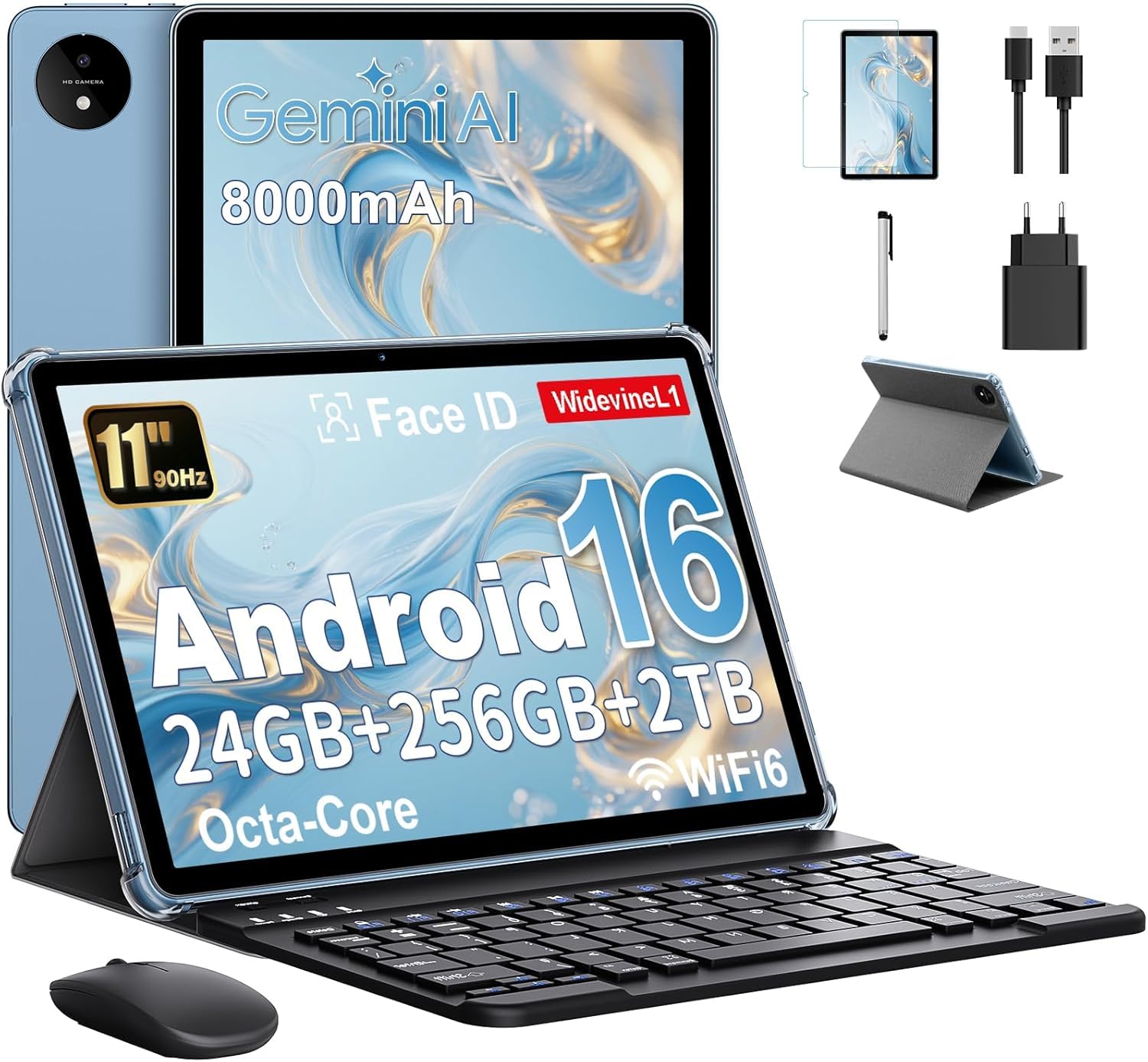 Tablet 11 Pollici con Gemini AI, Tablet Android 16 con Cover, Mouse & Tastiera, Octa-Core, 24 GB RAM + 256 GB ROM + 2 TB TF, 1920x1200 Display HD, 90 Hz, Fotocamera Doppia 8MP + 13MP, 8000mAh (Blu)