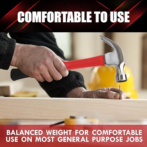 Miniatura 8 de YIYITOOLS Martillo de garra con mango de fibra de vidrio – 16-oz, rojo y negro (YY-1-003)