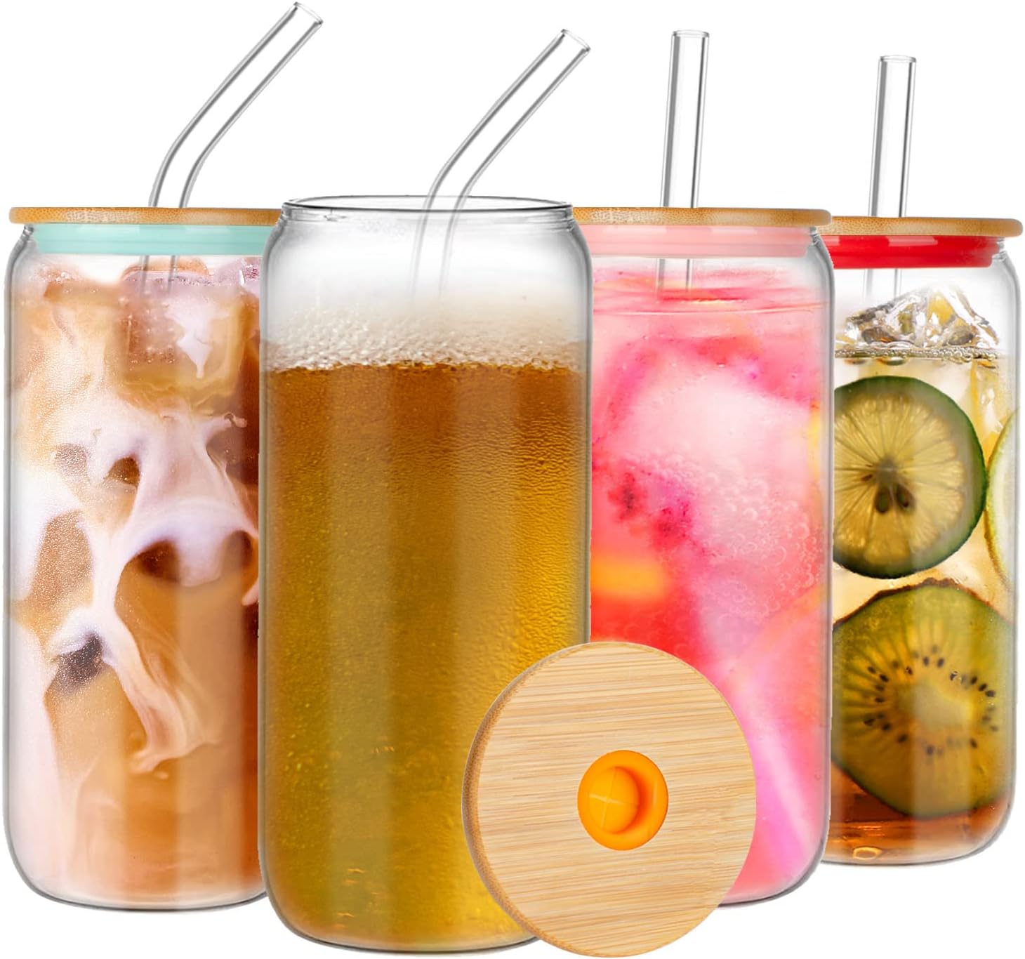 Sursip Beer Can Glass with Bamboo Lids and Glass Straw 4pc