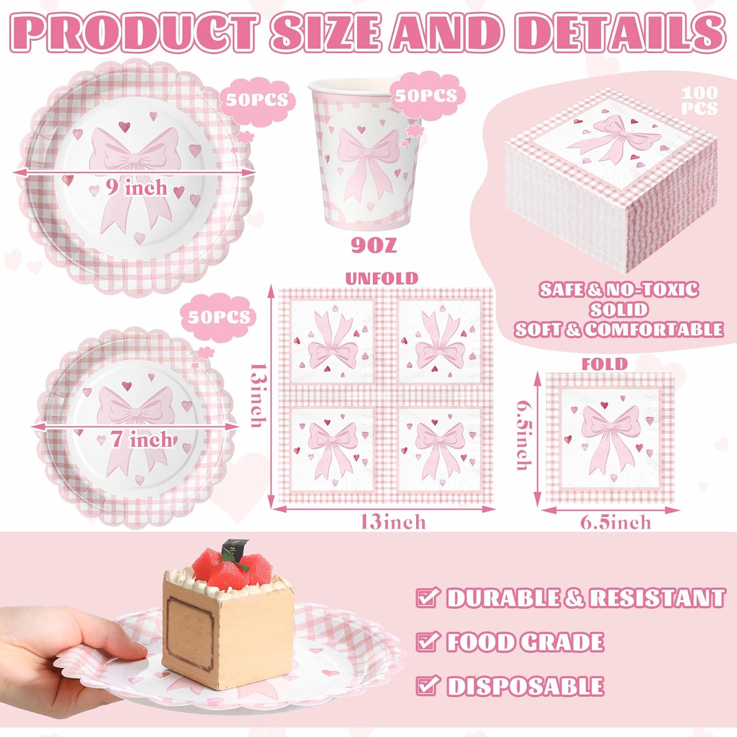 Pickmesh 250 Pcs Bow Birthday Decorations Valentine's Day Pink Plates Napkins and Cups Pink Coquette Birthday Party Decoration Bridal Shower Dinnerware Sets Serve 50 Disposable Tableware for Wedding - Image 4