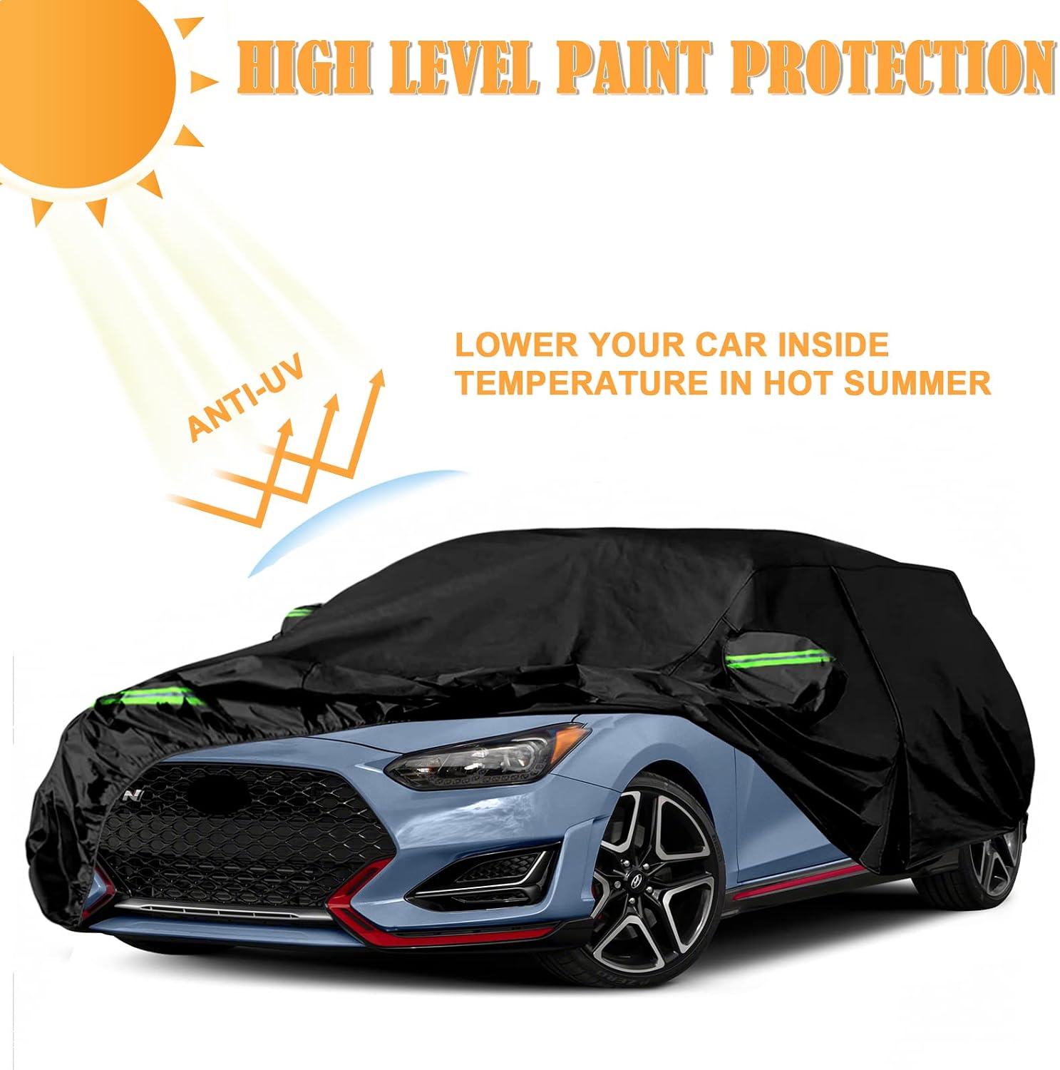 Waterproof Car Cover Replacement for 2011-2025 Hyundai Veloster, 6 Layers All Weather Car Cover with Zipper Door & Windproof Bands for Snow Rain Dust Hail Protection