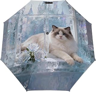 Light Cat Wrapping Around Vines 3 Fold Auto Umbrella with - Windproof Compact Golf Umbrella, Auto Open Close Waterproof Travel Umbrella for Men & Women