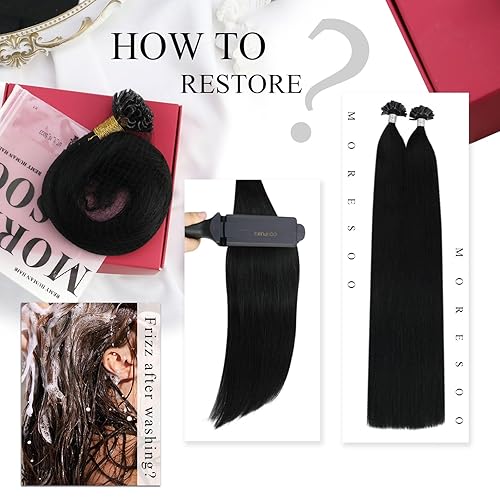 Miniatura 5 de Moresoo Extensiones de cabello humano con punta en U de 24 pulgadas, color 1 negro oscuro, extensiones de cabello humano real con queratina,