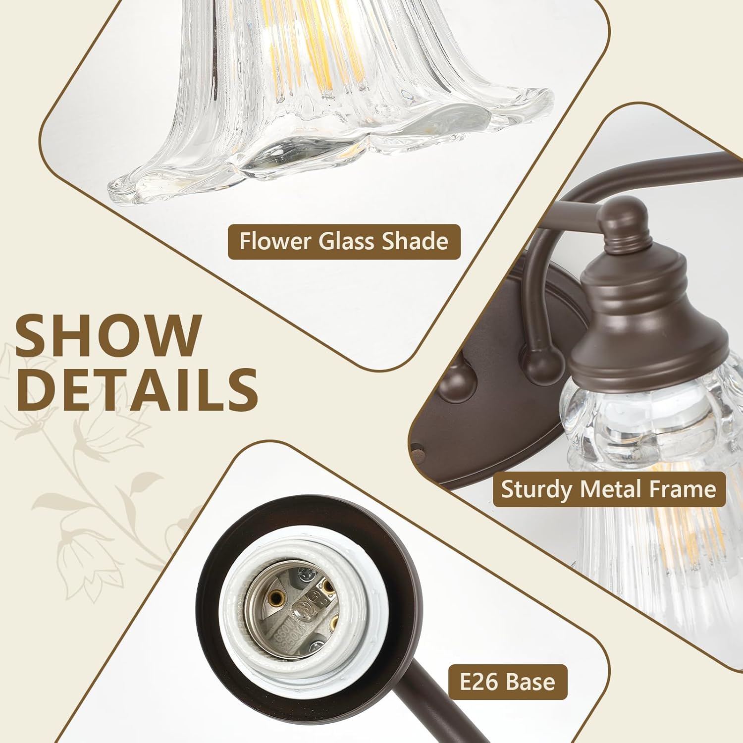 3-Light Bathroom Light Fixtures Over Mirror, Vintage Vanity Lights with Clear Floral Glass Shades, Oil Rubbed Bronze