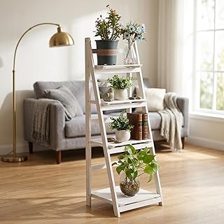 Foldable Plant Ladder Wood Bookshelf Small Plant Stand Leaning Ladder Bo...