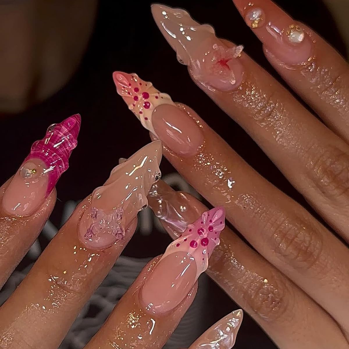 GUFUGU Summer Press on Nails Medium Almond False Nails French Tip 3D Shell Butterfly Glossy Glue on Nails Full Cover Acrylic Artificial Stick on Nails