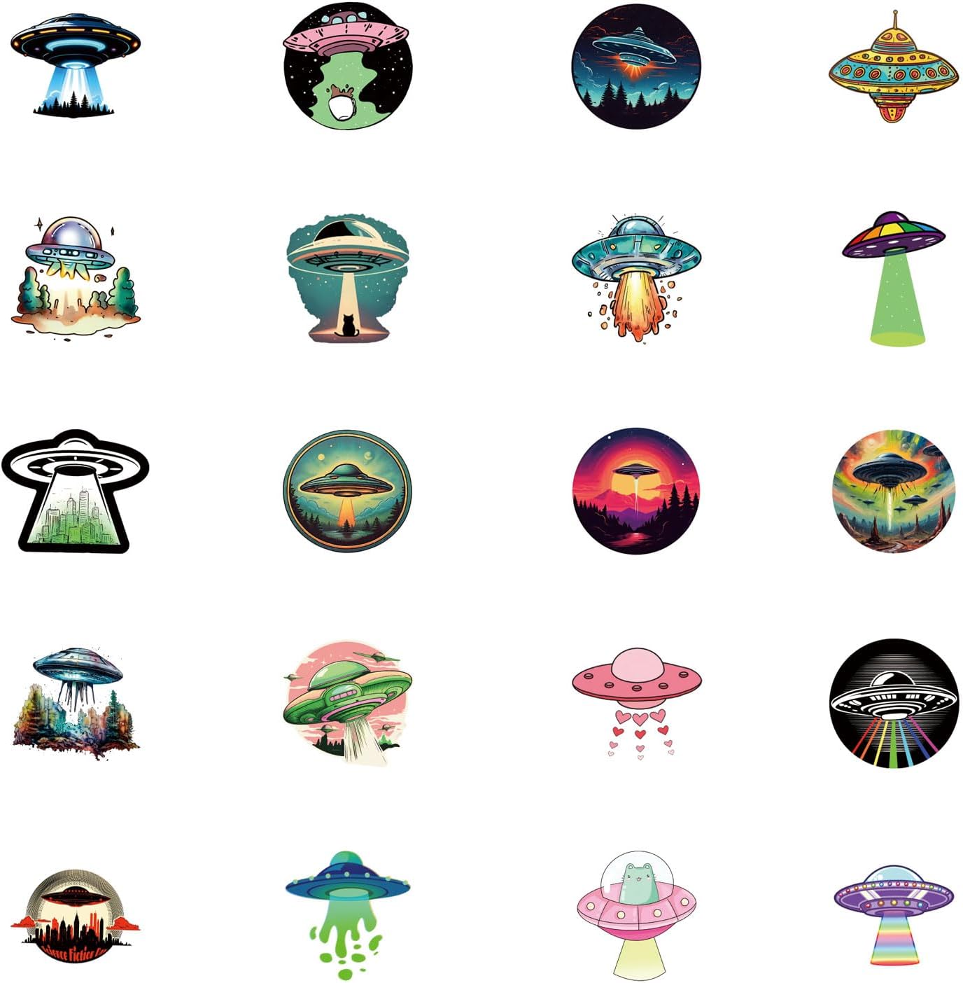 64pcs UFO Stickers Pack，Cute Cartoon Aesthetics Vinyl Waterproof Decals for Water Bottle, Laptop, Phone, Skateboard, Journaling for Party Supply Decor Favor