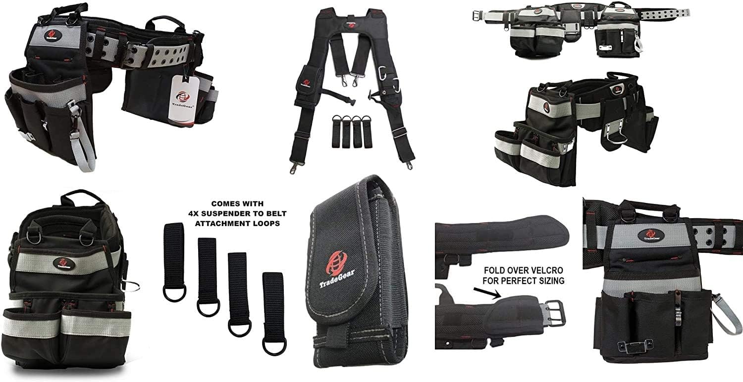TradeGear Electrician's Belt & Bag Combo - Heavy Duty Electricians Tool Belt Designed for Durability - (SIZE S-L BUNDLED W/ 4 POINT SUSPENDERS)
