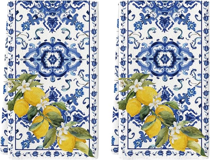 Artoid Mode Blue Lemon Porcelain Summer Kitchen Towels Dish Towels, 18x26 Inch Farmhouse Decoration Cleaning Set of 2