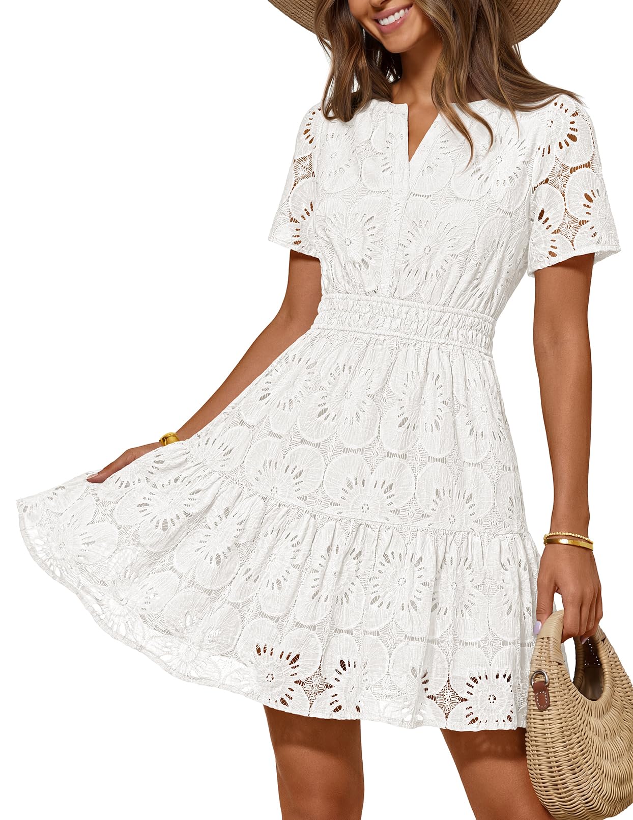 MEROKEETY Womens Spring Summer Lace Boho Dress 2026 Short Sleeve Eyelet Floral Ruffle A Line Vacation Beach Mini