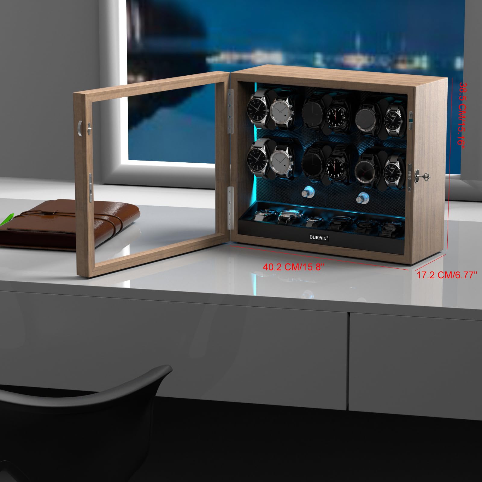 DUKWIN Uhrenbeweger für 4/6/8/12 Automatikuhren, abschließbare automatische Aufzieher mit extra 4/6 Uhrenräumen, 4 Rotationsmodi, flexiblen Kissen, leiser Motor und blauer Hintergrundbeleuchtung