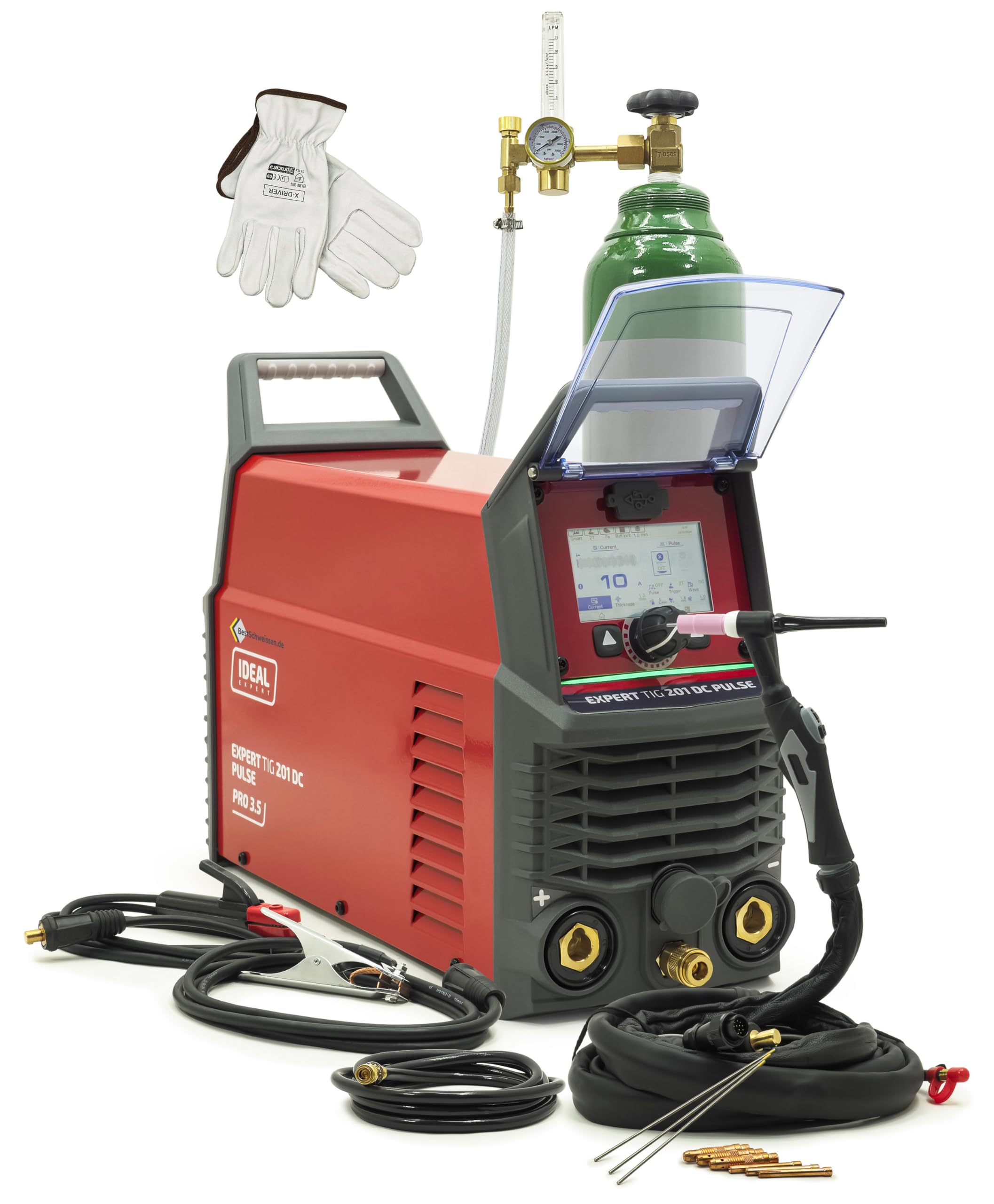 Ideal Expert TIG 201 DC Pulse LCD TIIG saldatrice Inverter Set – 200A HF Accensione & E-Hand MMA – Include bombola a gas Argon da 8 l, riduttore di pressione, guanti – Professionale per acciaio e