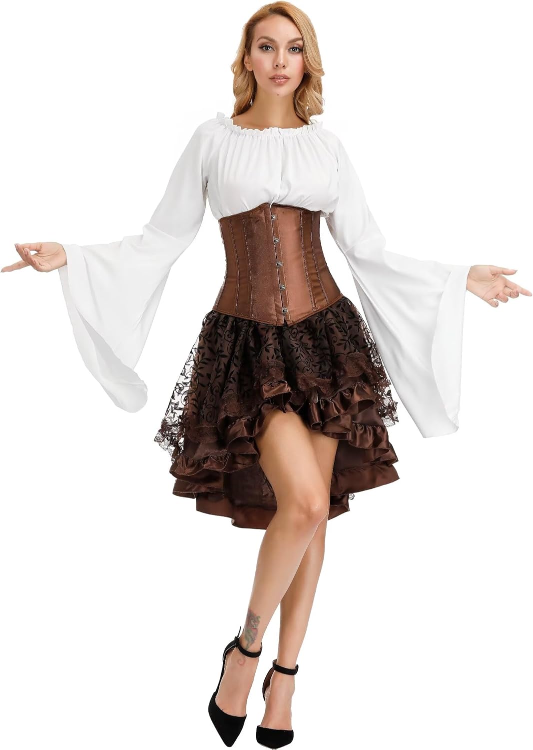 Jutrisujo Black Corset Dress Skirt with Tutu 3 Set Underbust Plus Size Gothic Pirate Costume Halloween