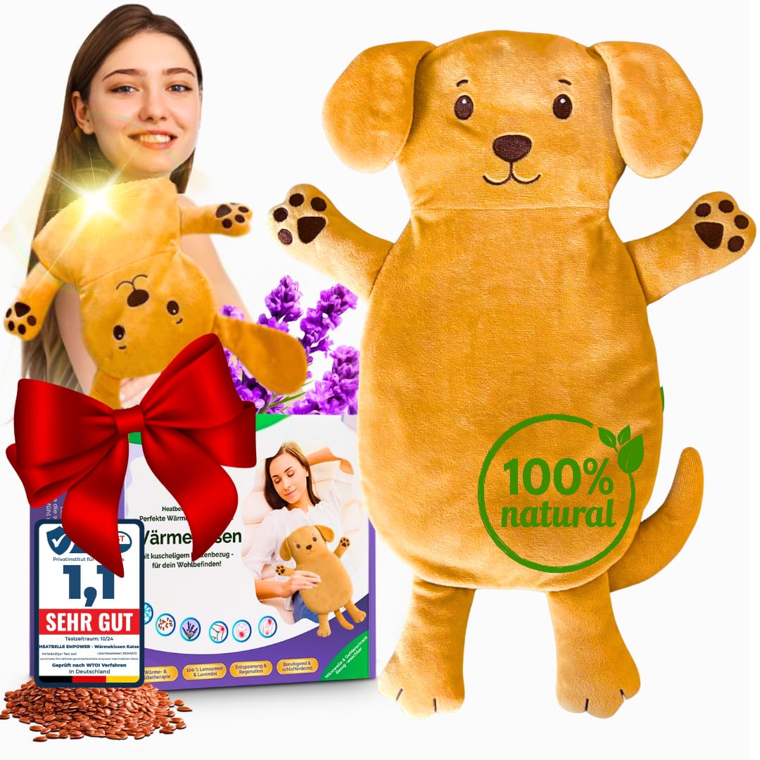 Cojín de granos, cómodo cojín térmico, apto para microondas, funda lavable, diseño de gato animal ideal para tensiones y calambres, regalo para mujeres, niñas y niños (marrón perro)