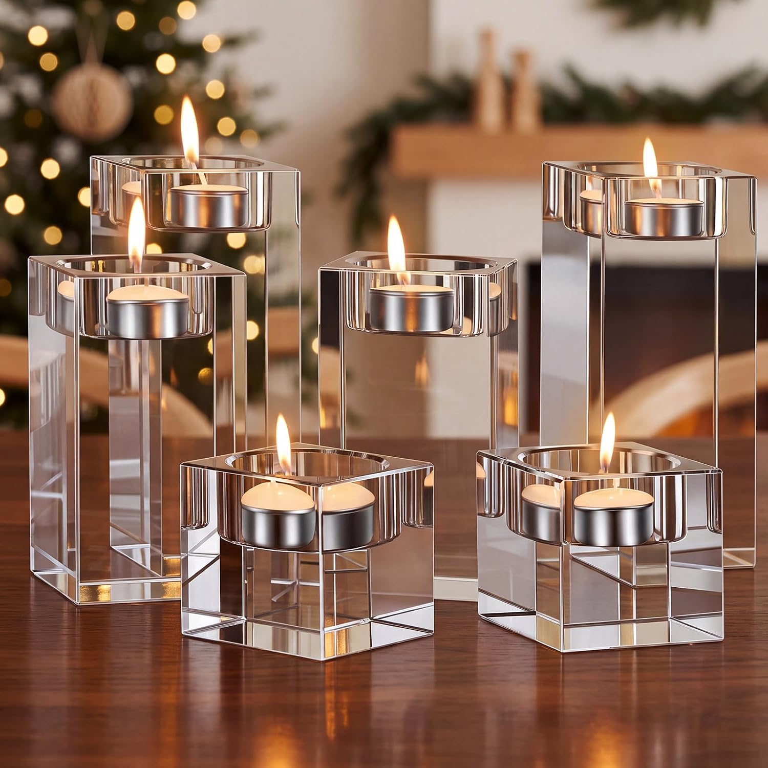 6 Pcs Crystal Tea Light Candle Holders Glass Votive Candle Stands Square Candlestick Holders for Wedding Dining Living Room Centerpiece Decorations, 1.57", 3.15", 3.94"