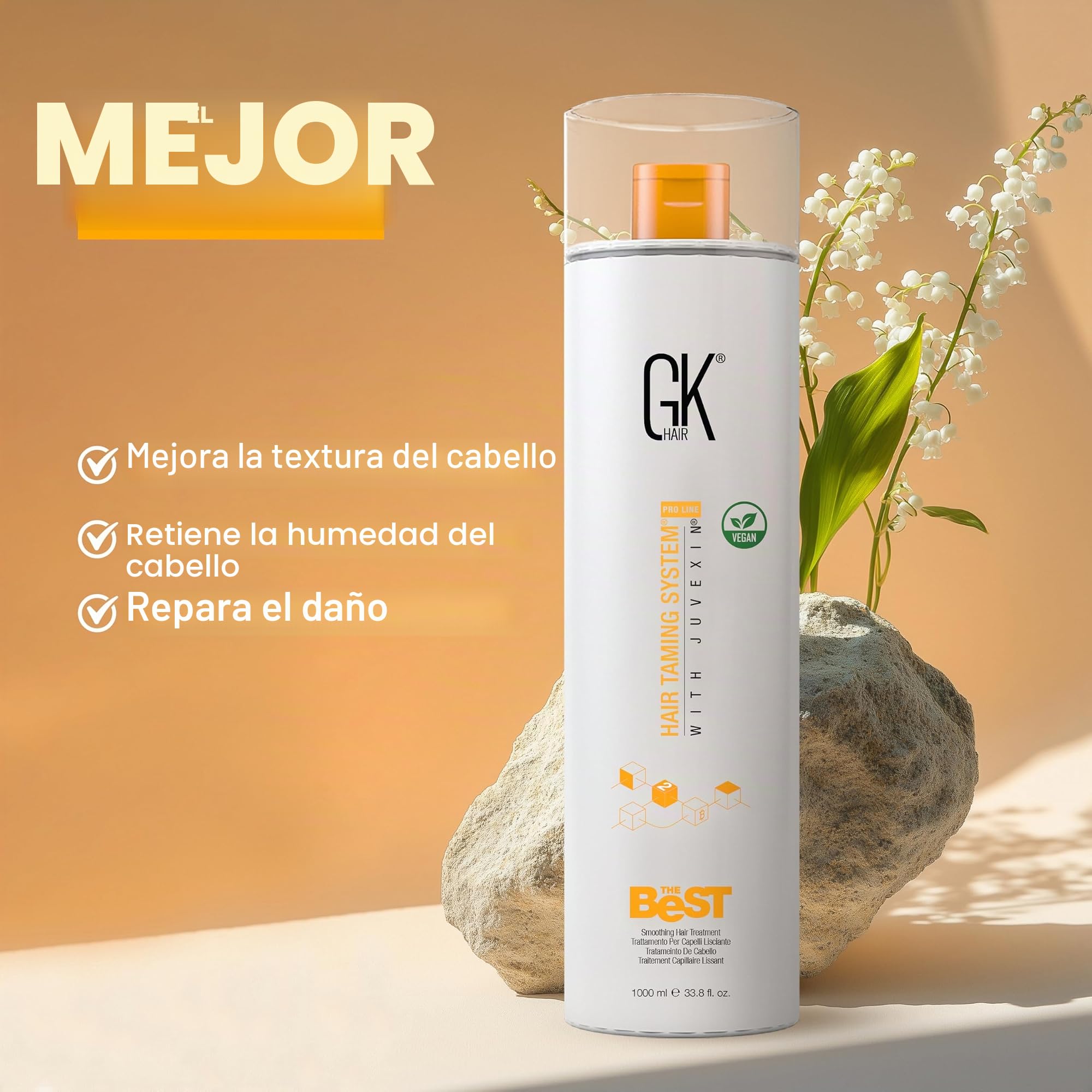 GK HAIR Global Keratin The Best (1000ml / 33.8 Fl Oz) Tratamiento Capilar Suavizante de Keratina Complejo Brasileño Profesional Alisado Para un Cabello Suave y sin Frizz - Sin Formaldehído
