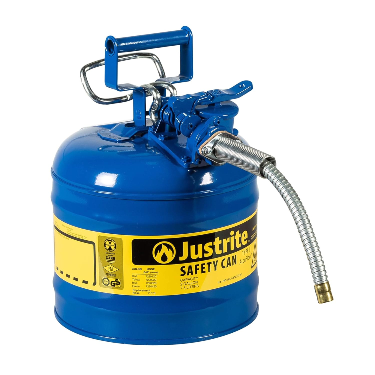 Justrite 7220120 - Galvanized Steel, AccuFlow Type II Red Safety Can with 5/8" Flexible Spout, Large ID zone, Meets OSHA & NFPA For Handling Hazardous liquids. . 2 Gallon (7.5L) Size.: Lawn And Garden Tool Gas Cans: Industrial & Scientific