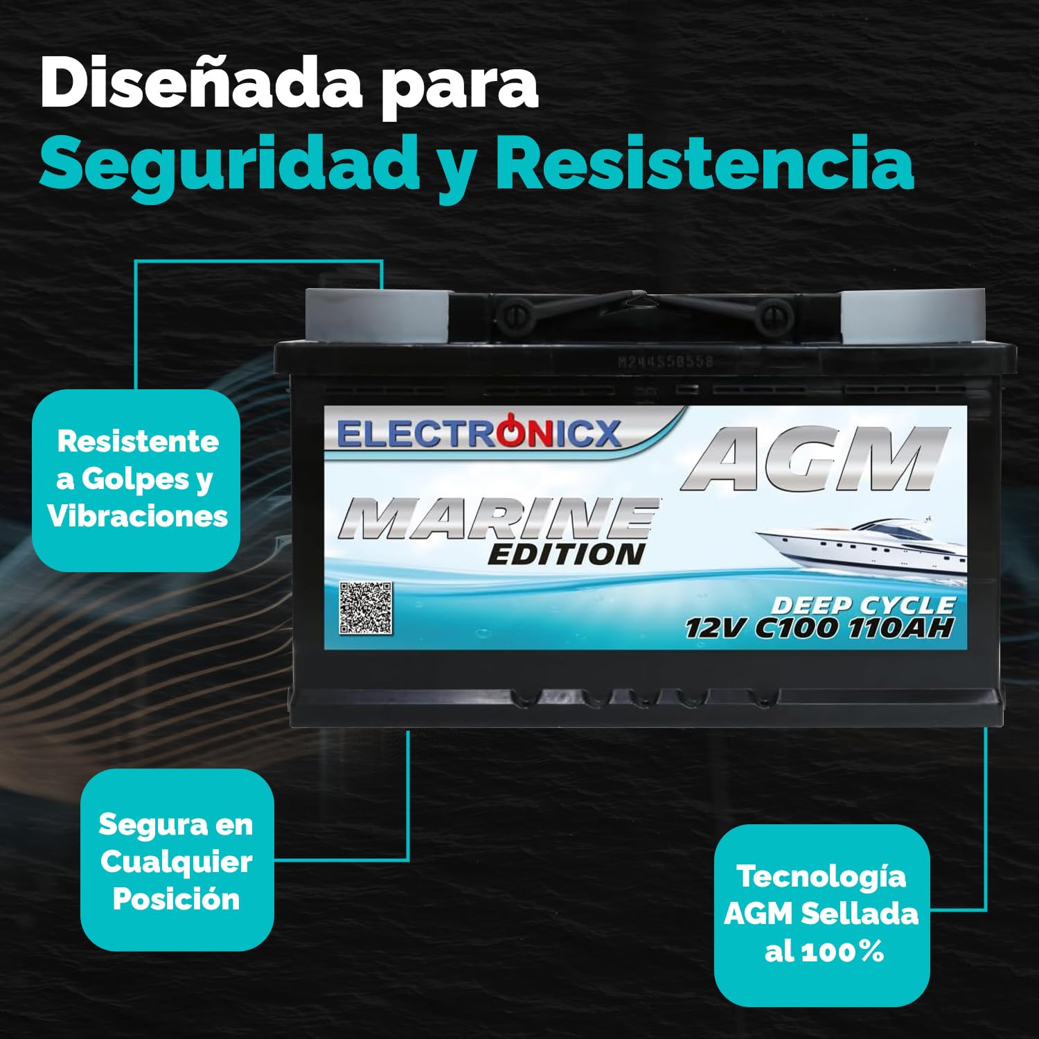 Batería AGM 110Ah 12V de Ciclo Profundo – Sin Mantenimiento, Ideal para Barco, Coche, Caravana, Energía Solar y Sistemas Off Grid