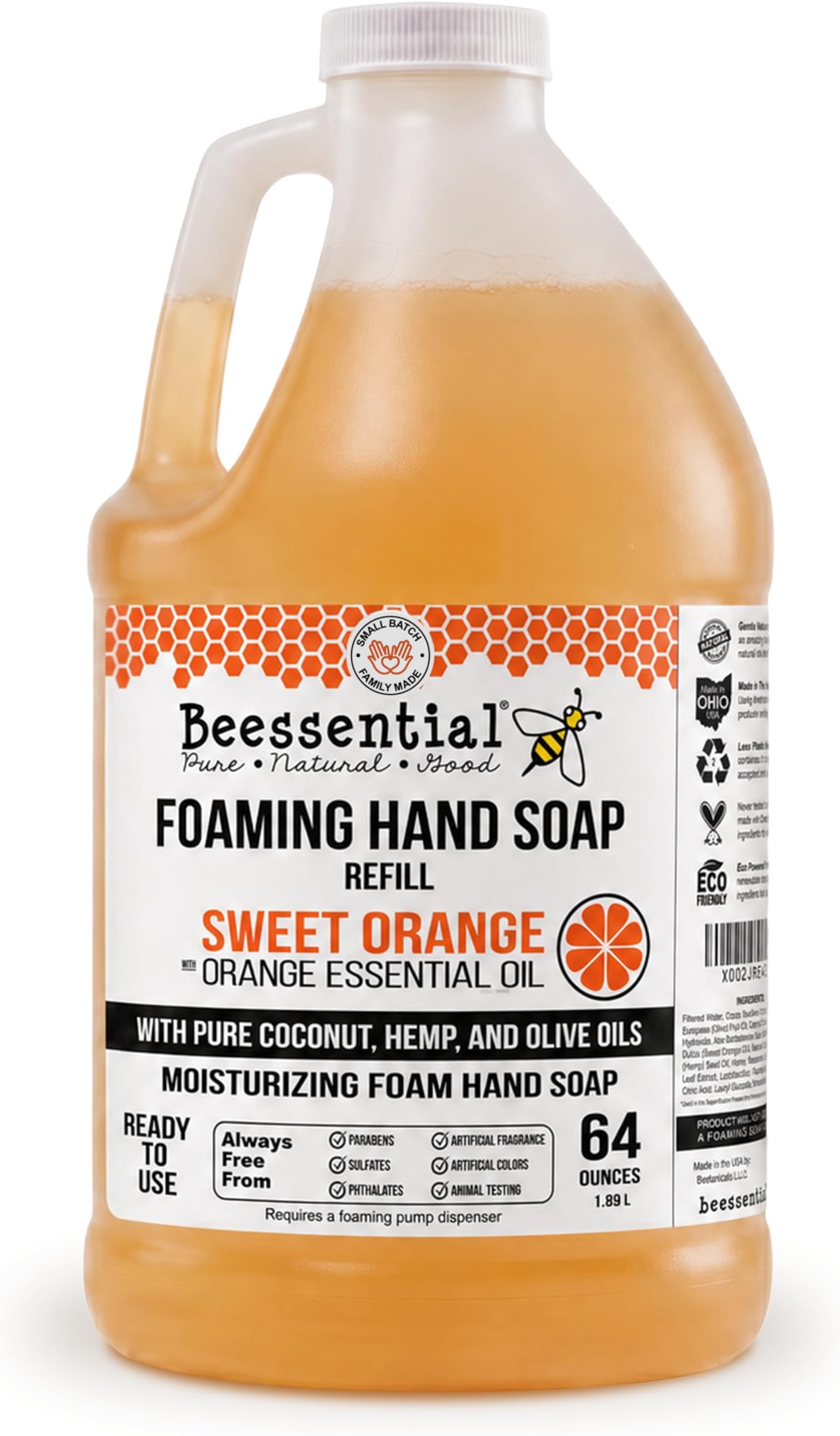 Beessential All Natural Bulk Foaming Hand Soap Refill, Orange, 64 oz