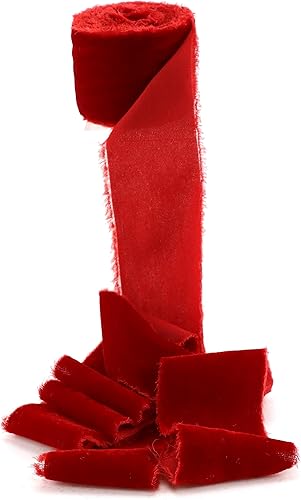 Cinta de terciopelo rojo de 2 pulgadas x 3 yardas, cinta de terciopelo de seda deshilachada rasgada a mano para envoltura de regalos, invitaciones,