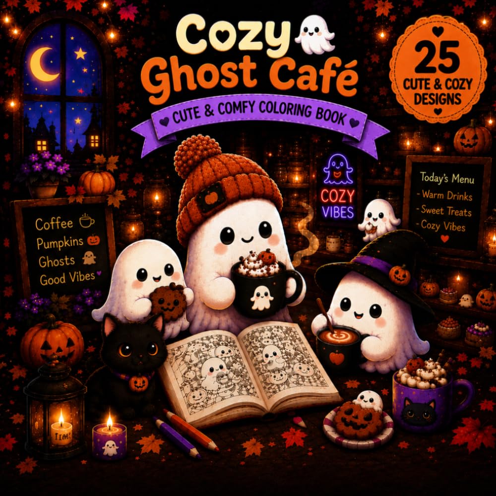 Cozy Ghost Cafe Coloring Book: Cute & Comfy Halloween Coloring Pages for Relaxation and Stress Relief