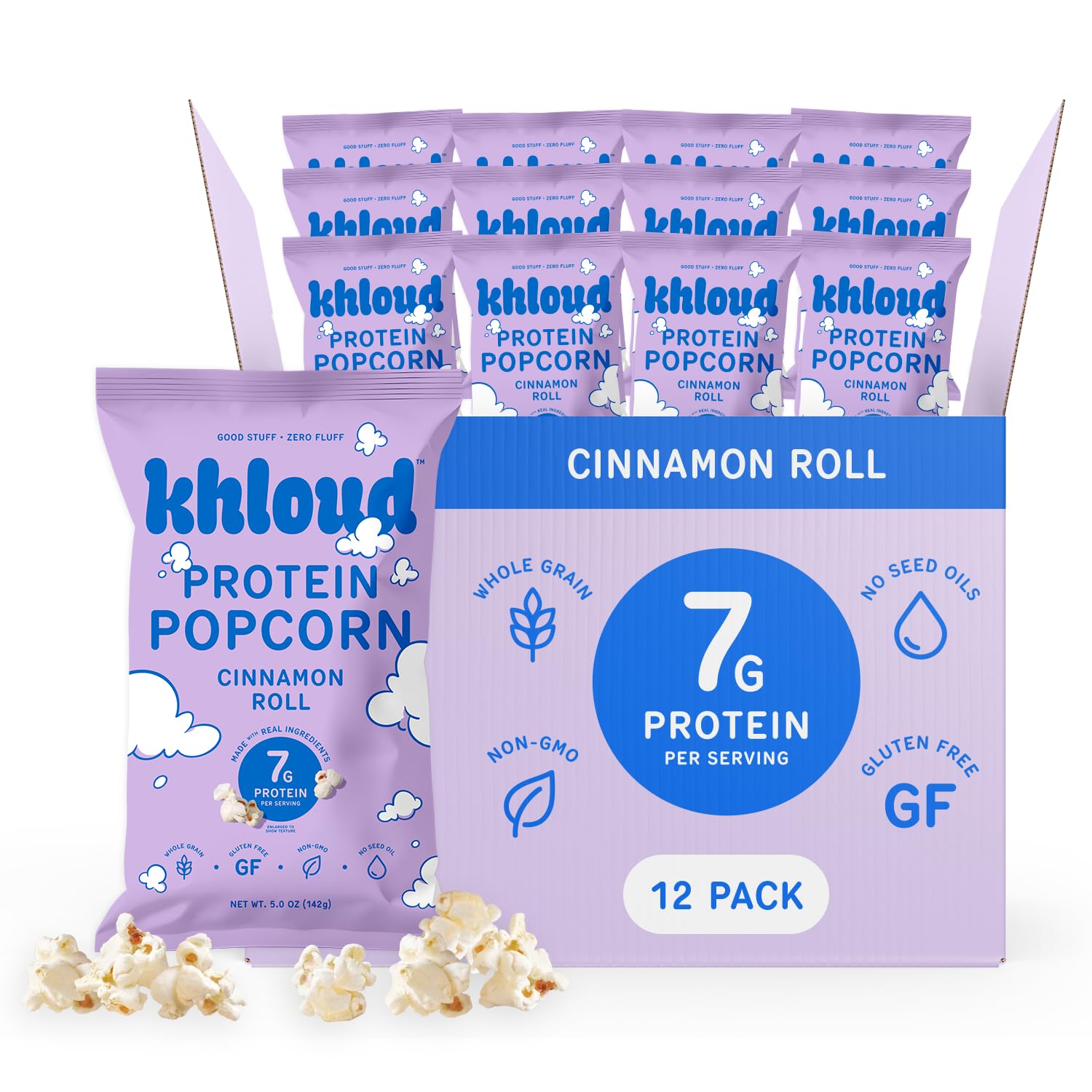 Khloud Protein Popcorn, Cinnamon Roll, 7g Protein Snack, 5oz, 12pk | For Adults & Kids - Flavored Popcorn Made with Real Ingredients & Milk Protein Isolate - Non-GMO, Gluten-Free, Kosher