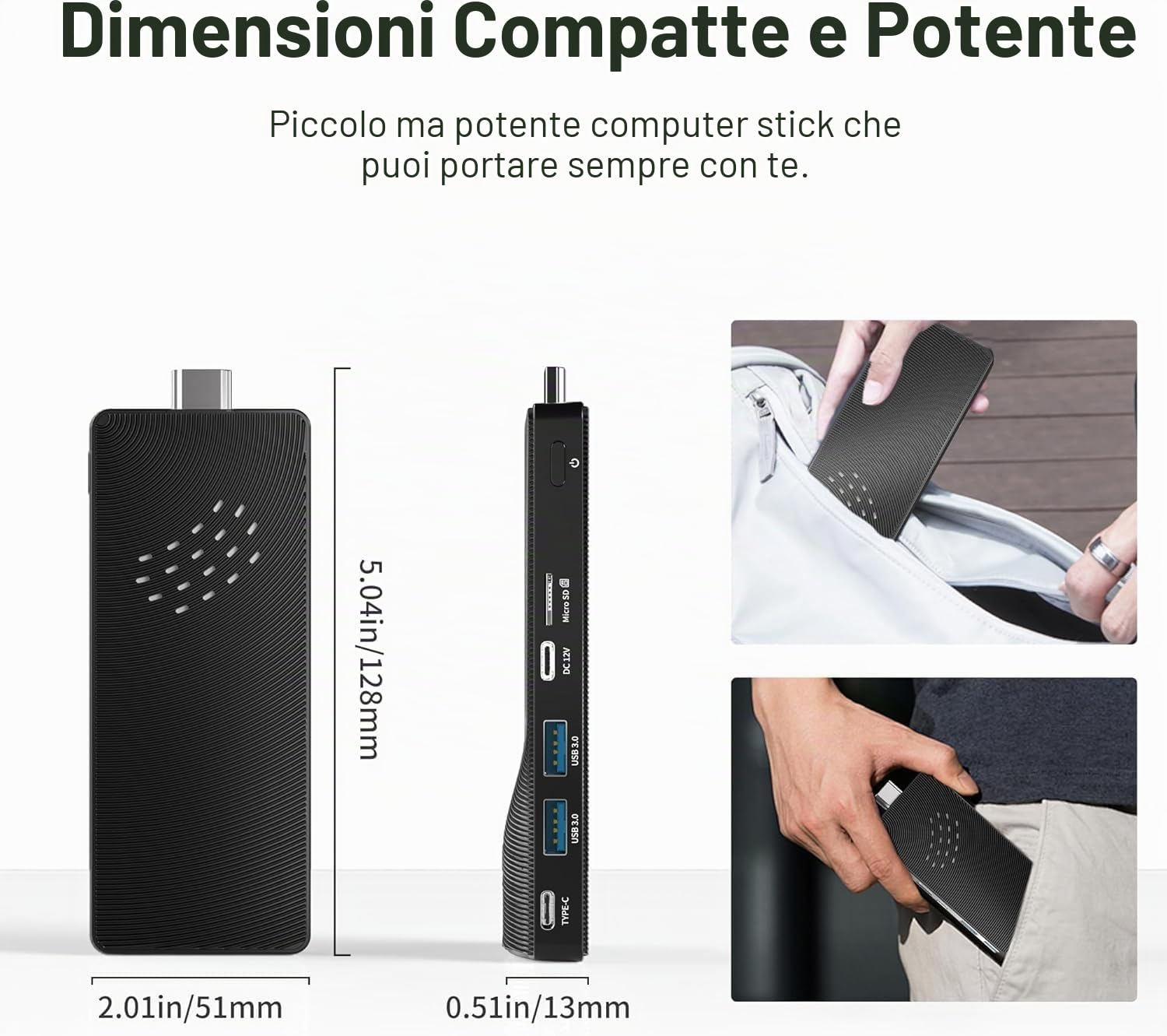 Mini PC Stick,Win 11 8 GB RAM 128 GB eMMC Celeron J4115 2.7 GHz, USB-C Fanless Desktop PC, USB3.0 X 2, RJ45 Gigabit Ethernet 4K 60Hz, WiFi BT 5.2, HDMI 2.0 per affari, casa, ufficio