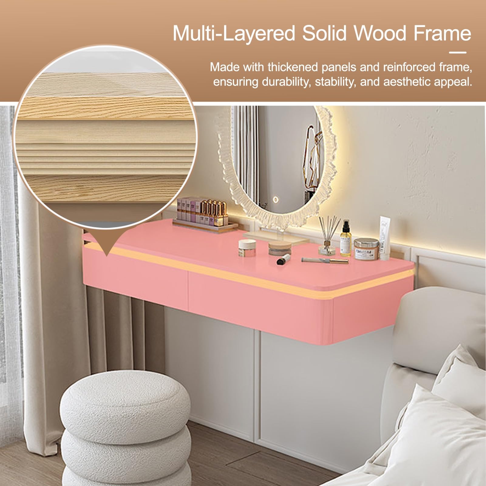 Tavolo da Trucco a Parete con vano portaoggetti, per organizzare Trucchi e Gioielli, con Luce LED a sensore, Ideale per Camera da Letto, Soggiorno e Ufficio (Nero, 80 cm/31,5 Pollici)