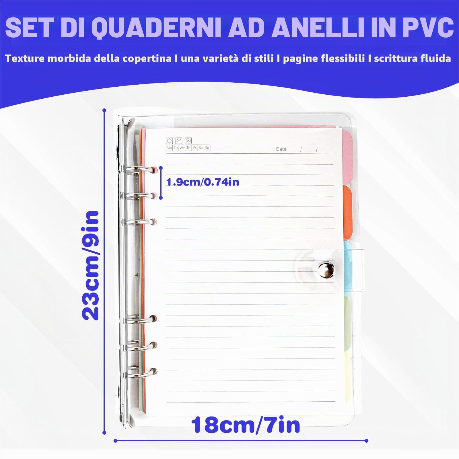 Raccoglitore ad Anelli A5 Trasparente in Morbido PVC - Notebook Ricaricabile Con 6 Anelli Rotondi, Carta di Riempimento e Divisore per Ufficio
