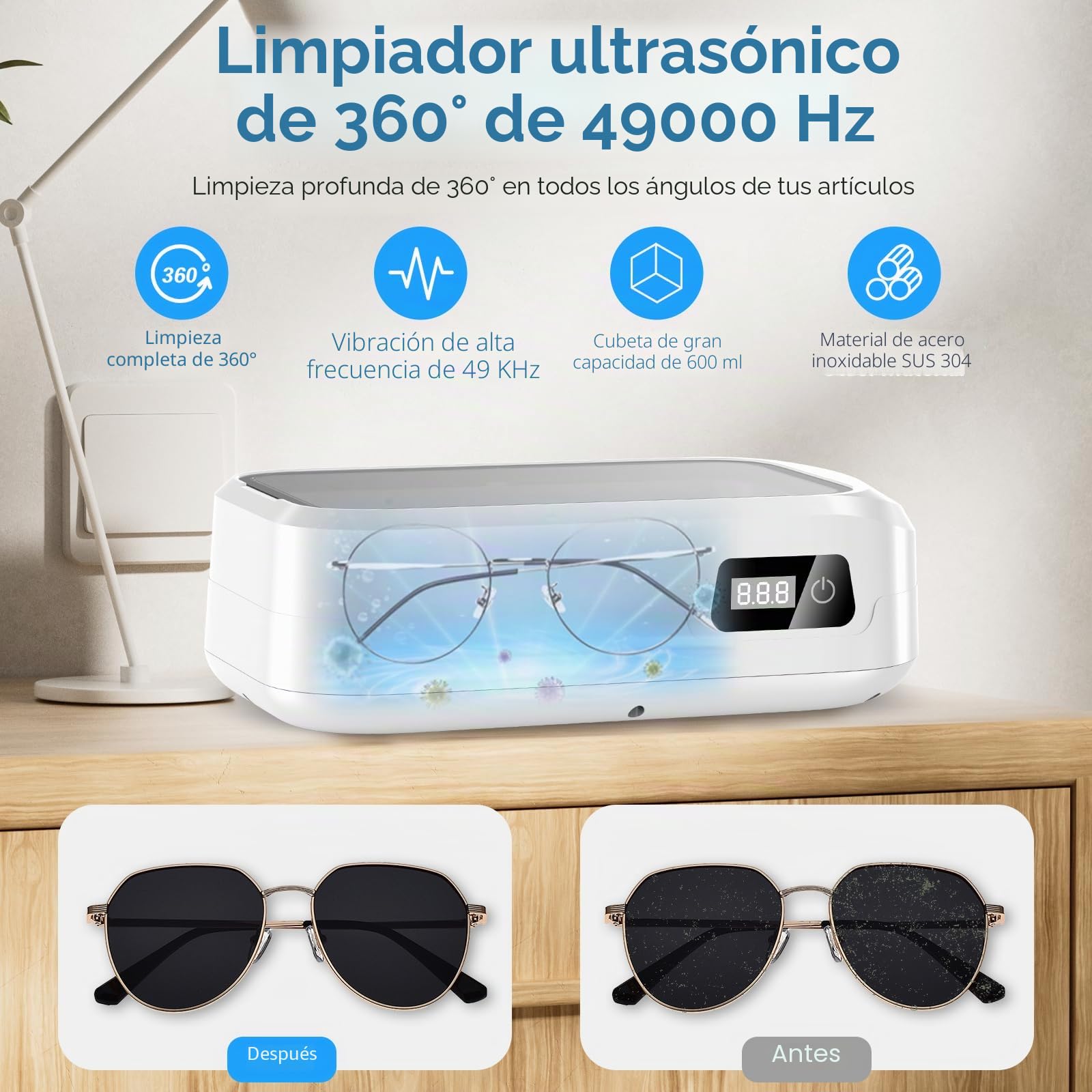 Limpiador Ultrasonidos 49000Hz, 600mL Limpiador Gafas Ultrasonico Profesional con Pantalla LED, Dentaduras Ultrasonidos con 4 Temporizador, para Gafas Joyas Anillos Relojes Dentaduras