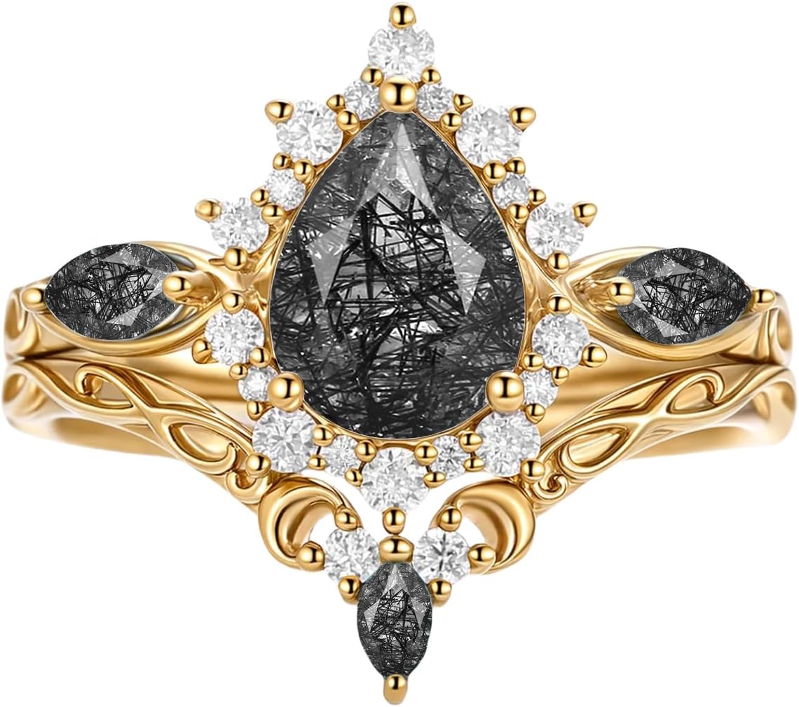 Pear Shaped Gemstone Engagement Ring Set Art Deco Moss Agate Alexandrite Opal Wedding Rings for Women - S925 10K 14K 18K Gold Halo Gemstone Anniversary Bridal Set Free Engraving