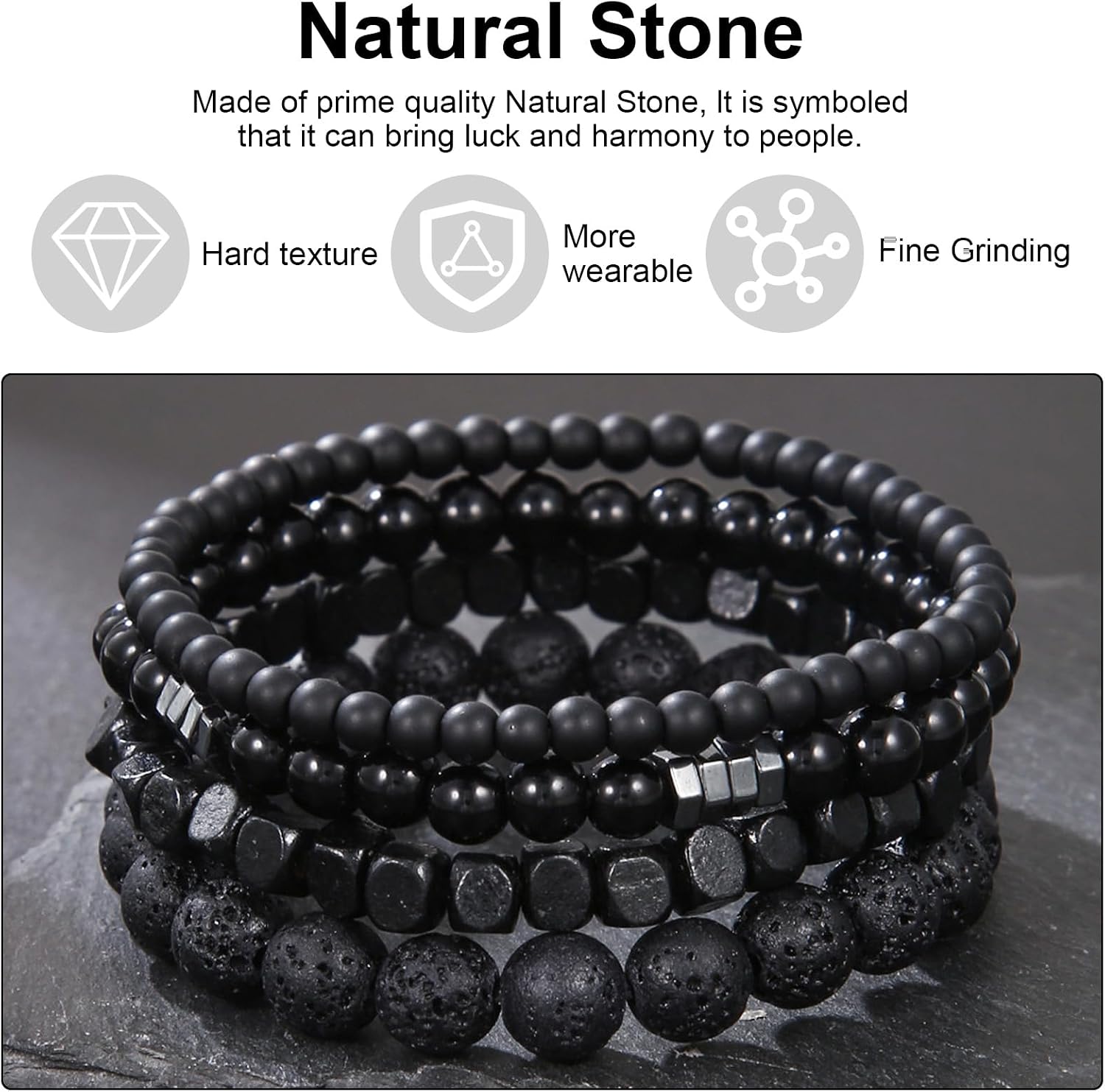 Hecila 4PCS Men’s Bracelet Set Punk Wooden Beads Bracelets Multi - Tiger Eye/Matte Agate/Lava Rock Gothic Bracelet Gifts Stretch Natural Stone Men's Bead Bracelets for Birthday Anniversary Christmas