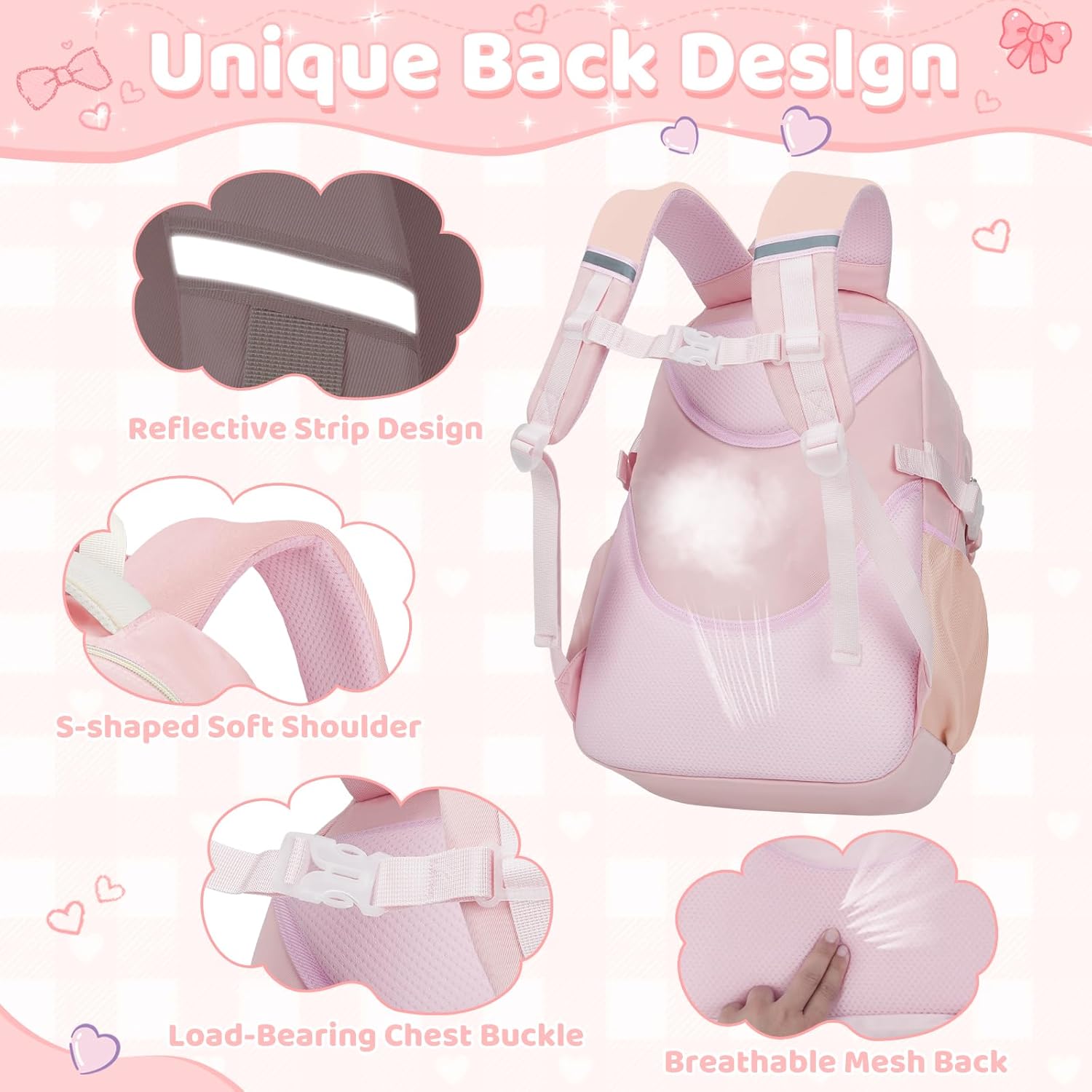 5pc Cute Girls Backpack with Lunch Box Set, Kawaii Aesthetic Bookbag, Kids Backpack for Teen & Elementary
