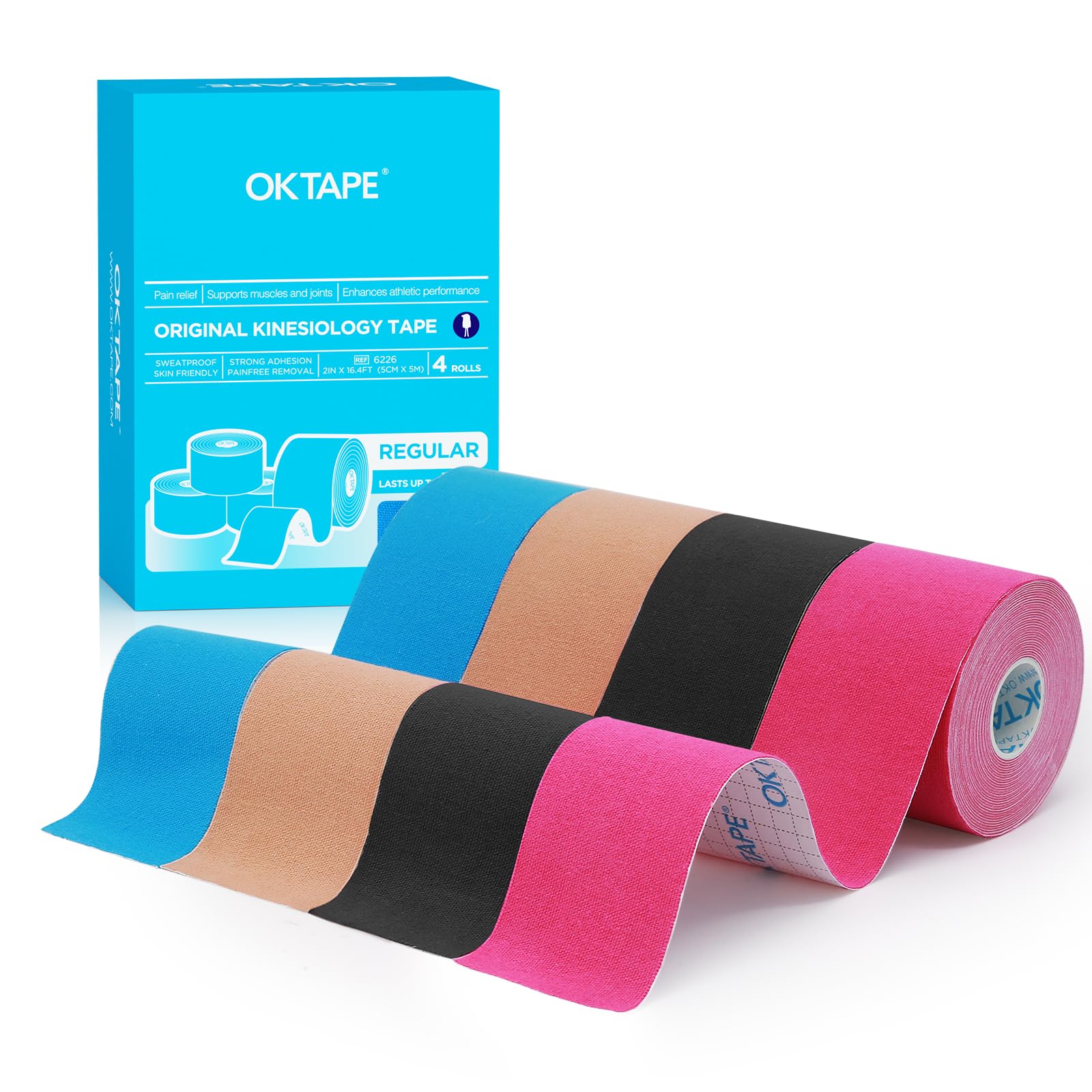 OK TAPE Kinesiologico tape 5cm x 5m, Nastro Atletico Terapeutico Elastico Resistente, Senza Latex, Antidolore, Recupero Lesioni, per il ginocchio, supporto muscolare(4 Rotoli, Multicolor)