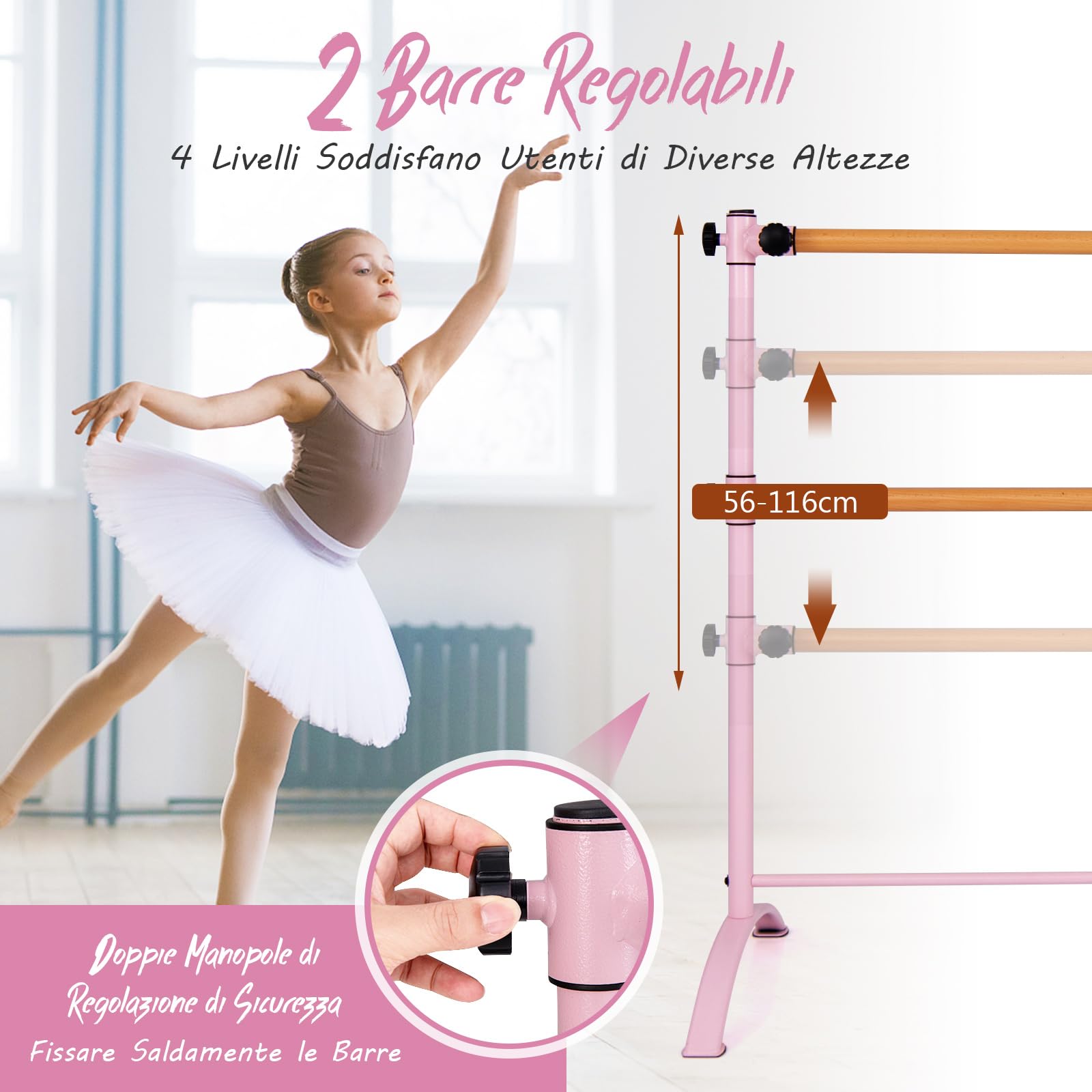 COSTWAY Sbarra Danza Classica Portatile per Bambini ed Adulti, Barra per Balletto Regolabile in Altezza per Stretching, Danza Classica e Allenamento, Ideale per Palestra e Casa