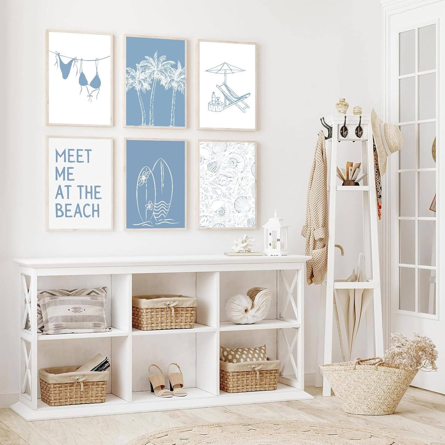 ZUGHRERF 6pcs Blue Coastal Canvas Wall Art Trendy Preppy Bikini Shells Poster Prints Ocean Themed Painting Artwork Beach Aesthetics Picture for Teen Girls Room Dorm Decoration 12"x16"Unframed