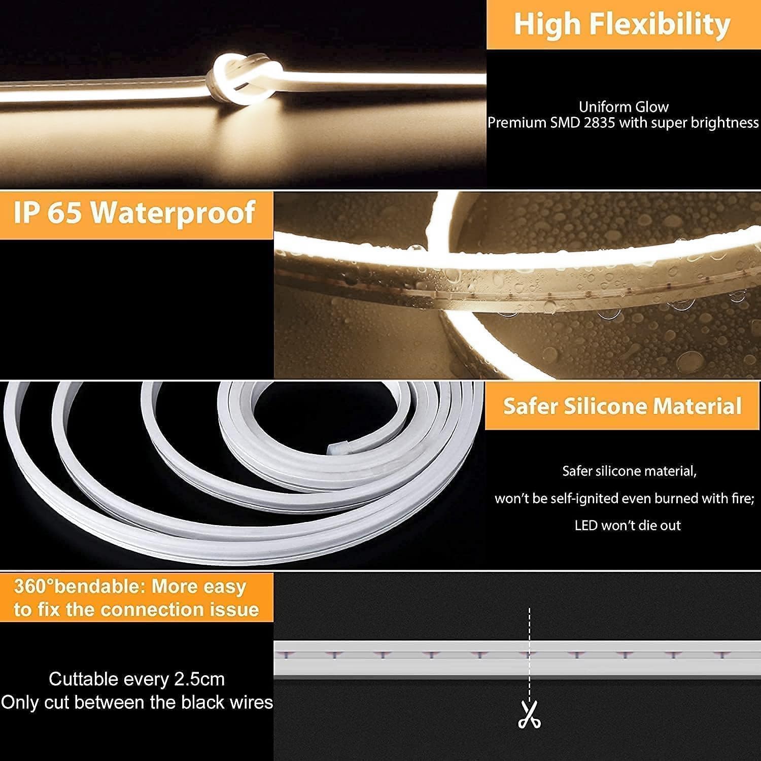 Lamomo LED Neon Lights, 12V Neutral White Dimmable LED Strip Lights, 16.4ft/5m Waterproof LED Neon Rope Lights, Silicone 4500K Neon LED Strip for Bedroom Indoor Home Decor (Power Adapter Included)