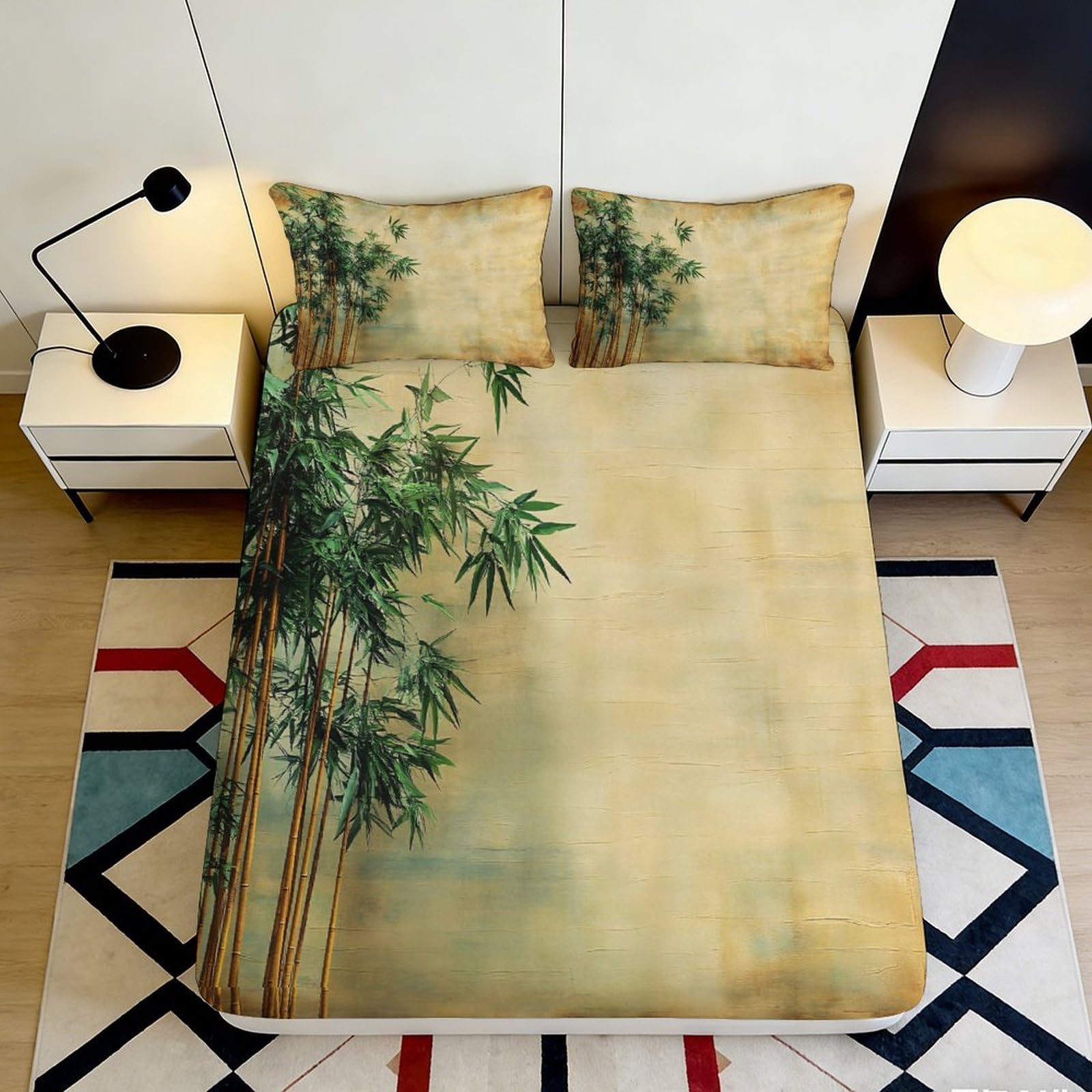 3D Printed Bamboo Fitted Sheet, Microfiber Soft Touch Bed Cover for Bedroom, Guest Room, Wrinkle Resistant, Apartment Bedding, Easy Care, Green Art Decor 120x200cm 90x200x25cm
