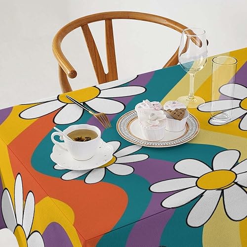 Miniatura 1433 de Mantel floral hippie, diseño retro de los años 70, naranja, rosa, azul, floral, bohemio, estampado estético de margaritas, para fiesta, picnic
