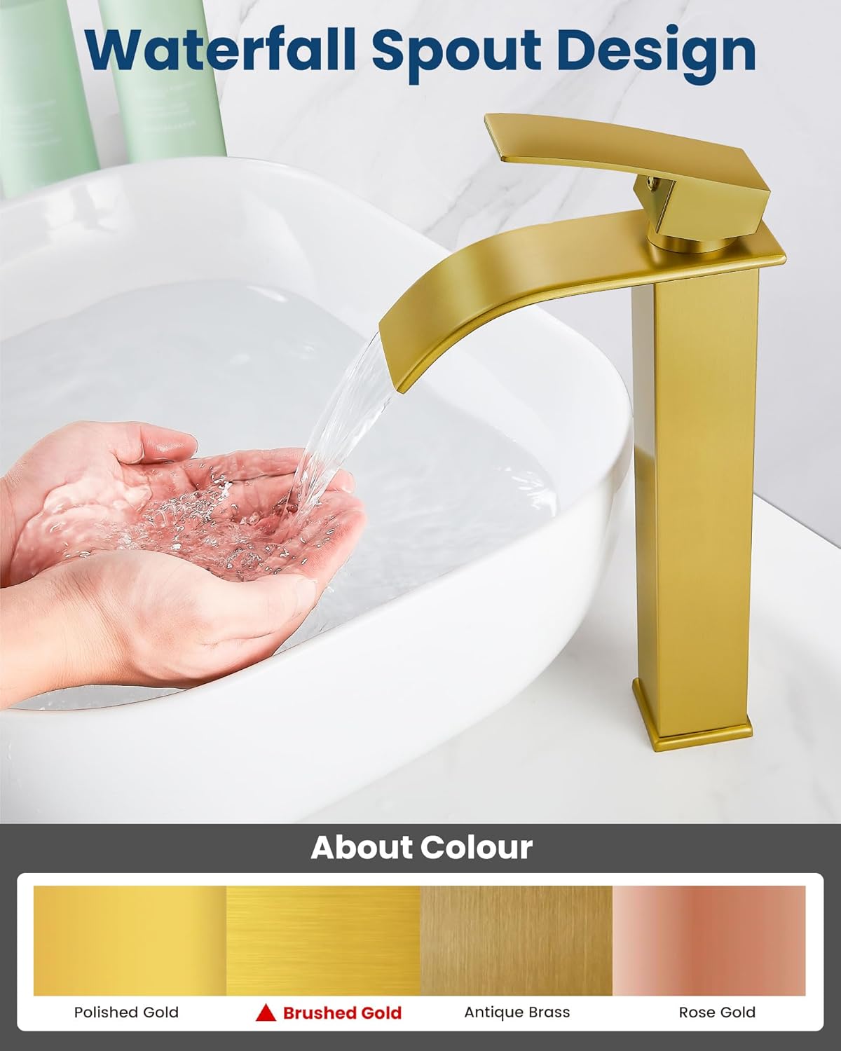 Airuida Brushed Gold Tall Waterfall Bathroom Vessel Sink Faucet Modern Bathroom Vanity Faucet Single Handle Single Hole Farmhouse Bar Mixer Tap Washbasin Faucet Deck Mount