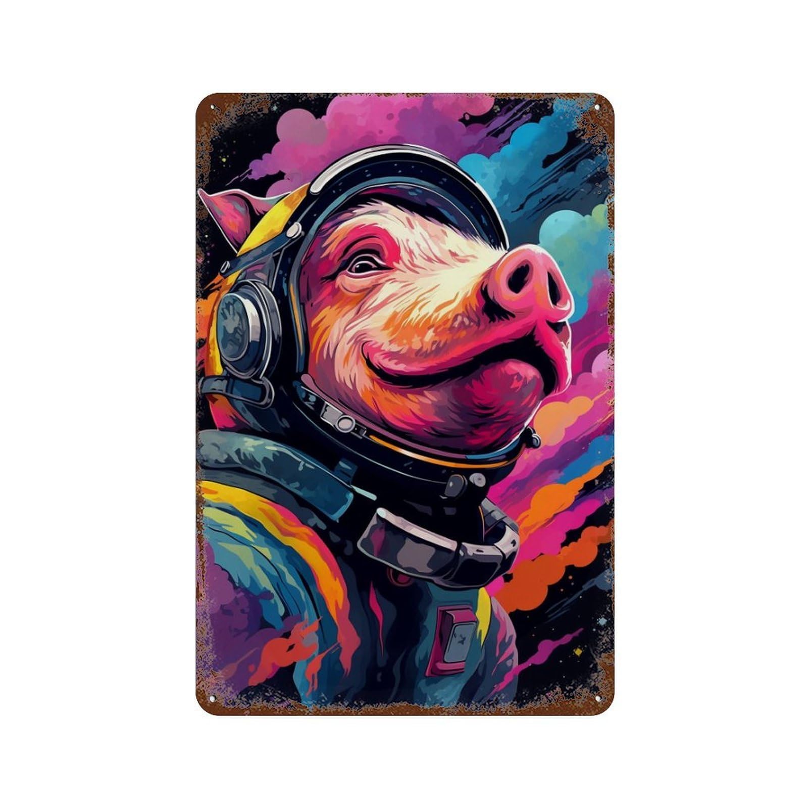 Distressed Metal Wall Sign with Cosmic Pig Astronaut Design 11.8"x7.9", for Garage, Bar And Workshop Decor, Vintage Wall Decor