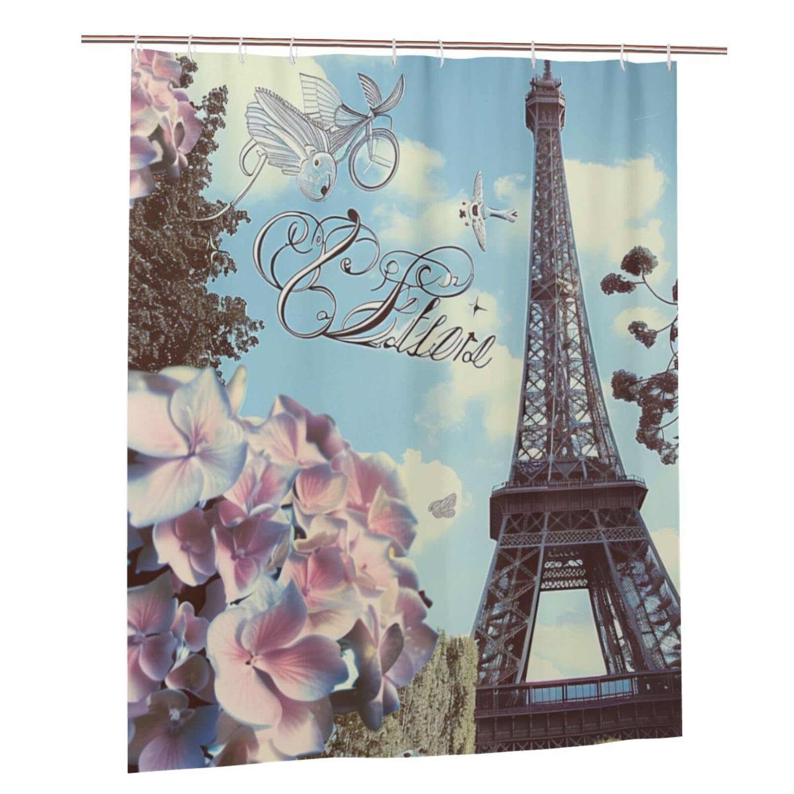 BWWHCCTI Paris Eiffel Tower Flowers Printed Shower Curtain With 12 Plastic Hooks Opaque Quick Drying Waterproof Shower Curtains Sets For Bathroom 152x183 Cm