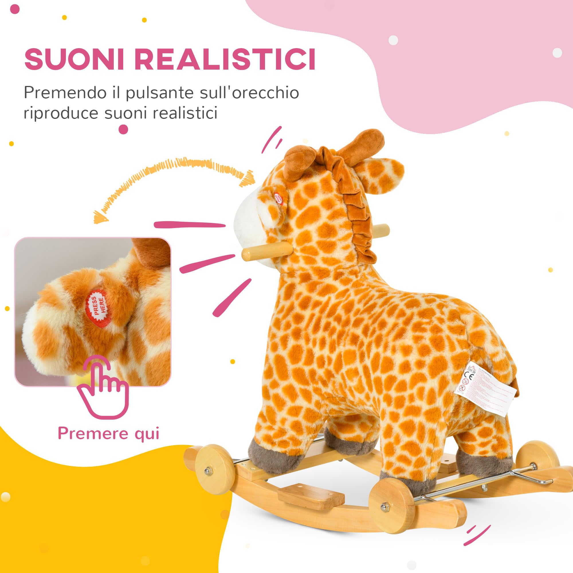 HOMCOM Cavallo a Dondolo per Bambini a Giraffa con Ruote e Suoni, Gioco Cavalcabile per Bambini 3-6 Anni in Peluche e Legno, 63x38x63cm, Giallo