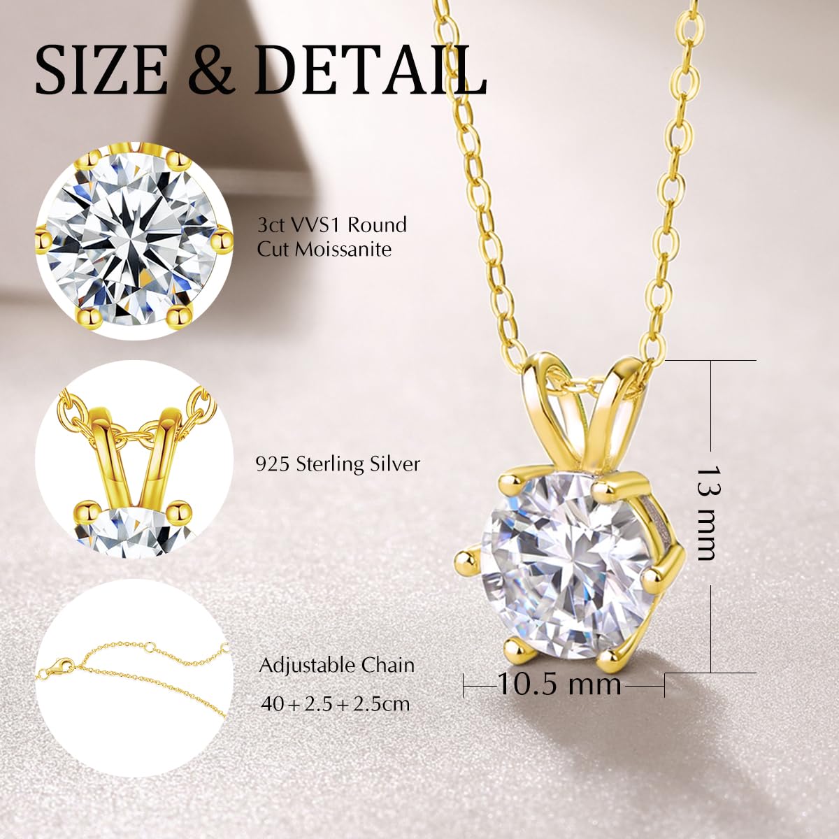 FANCIME Moissanite - Collar chapado en oro amarillo de 3 quilates con colgante de moissanite con colgante de diamante moissanite de corte redondo VVS1 para mujeres y niñas, longitud de la cadena: 40 +