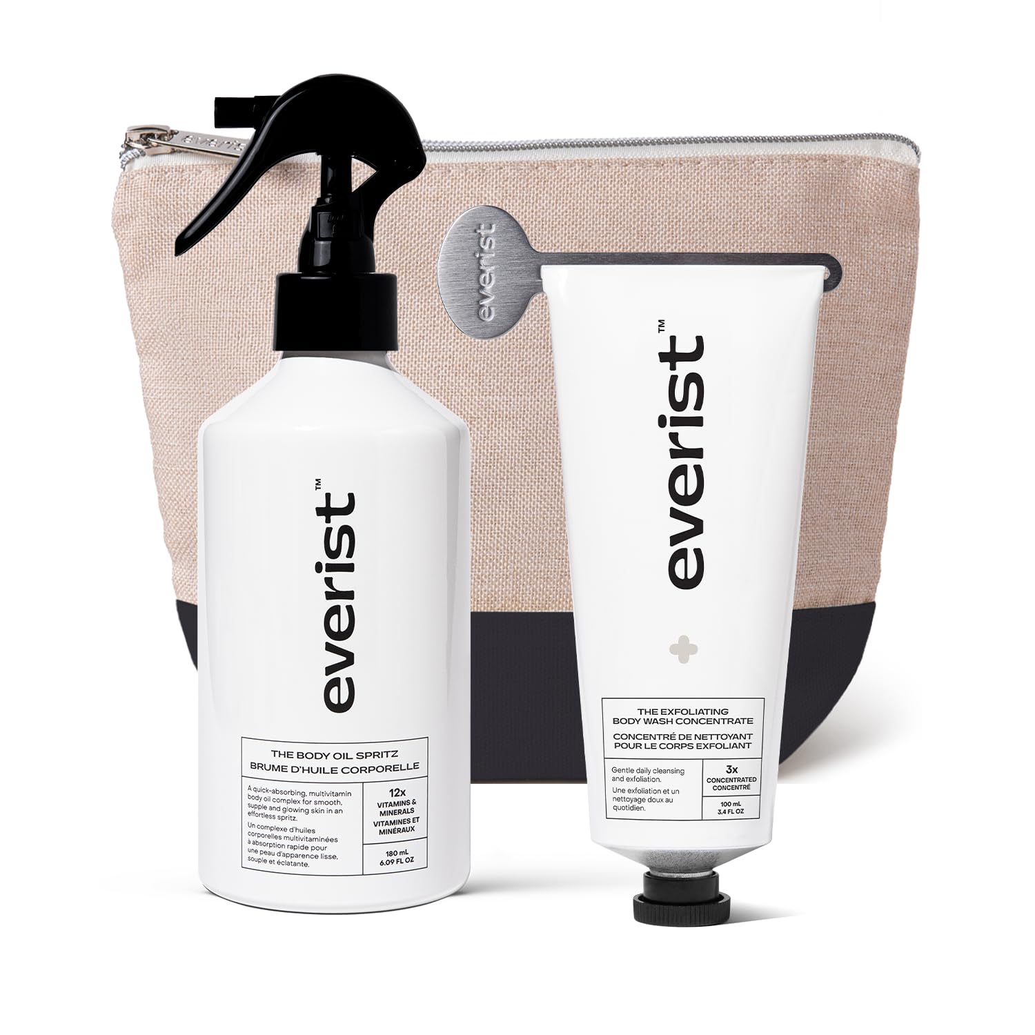 Everist The Silky Skin Ritual Set, 3.4 fl. oz Exfoliating Body Wash Concentrate & 6.09 fl. oz Body Oil Spritz in Jute Travel Bag, Cleansing &
