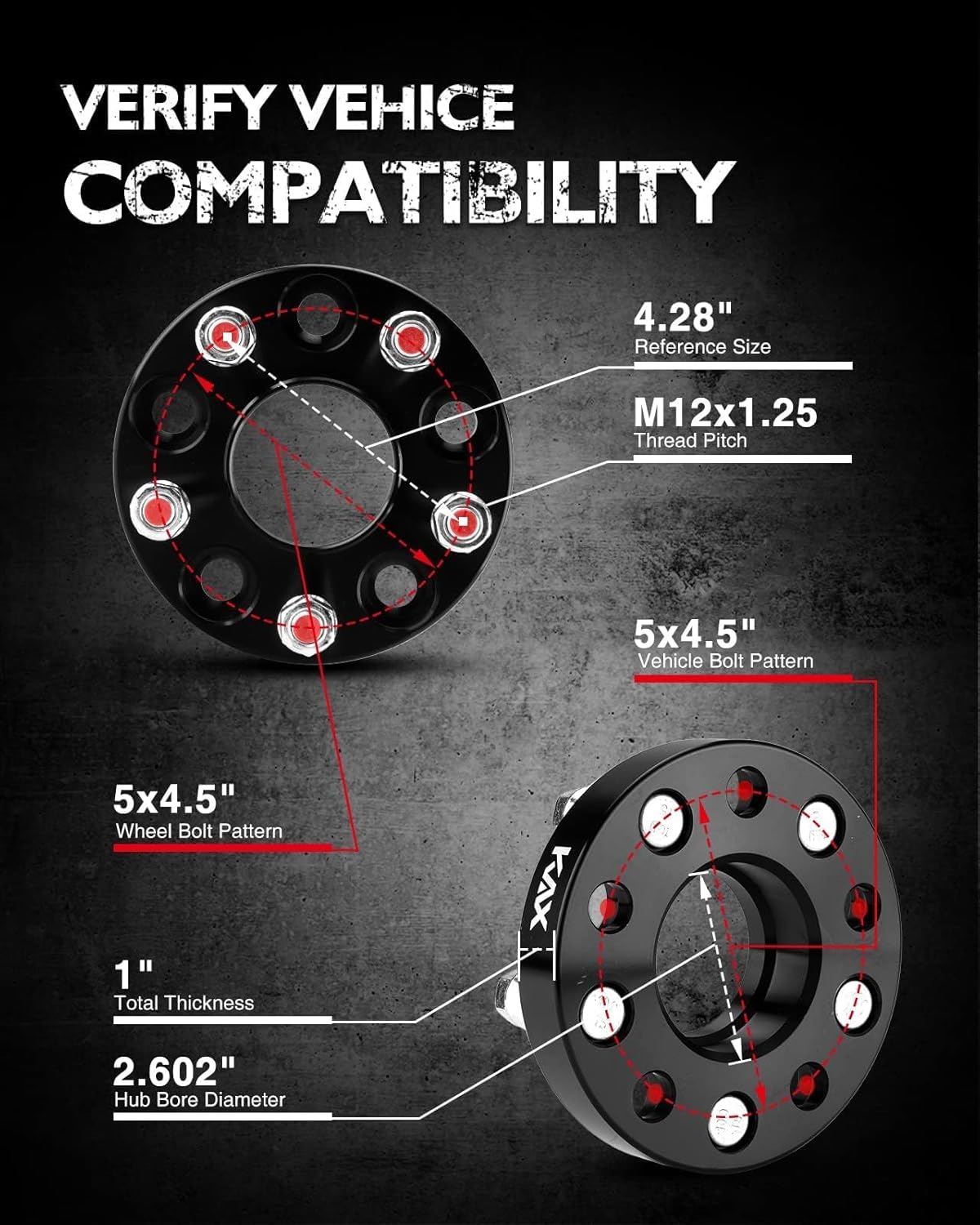 KAX 5x4.5 Wheel Spacers for Altima, 1 inch Hub Centric 5 Lug Wheel Spacers for Altima, Rogue, Sentra, Murano, Maxima, Pathfinder, Kicks, Rogue Sport, with M12x1.25 Studs and 66.1mm Hub Bore,4 Pcs