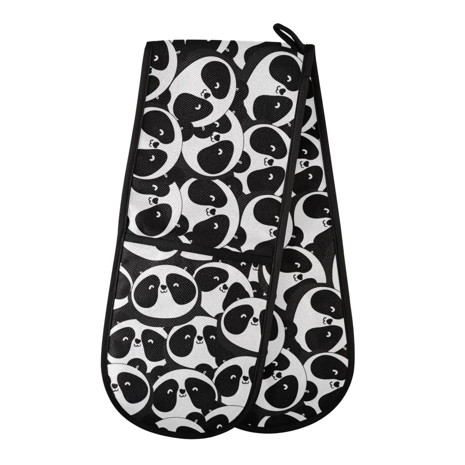Double Oven Glove Cute Panda Pattern Heat Resistant Double Ovens Mitt Modern Cooking Gloves Potholders