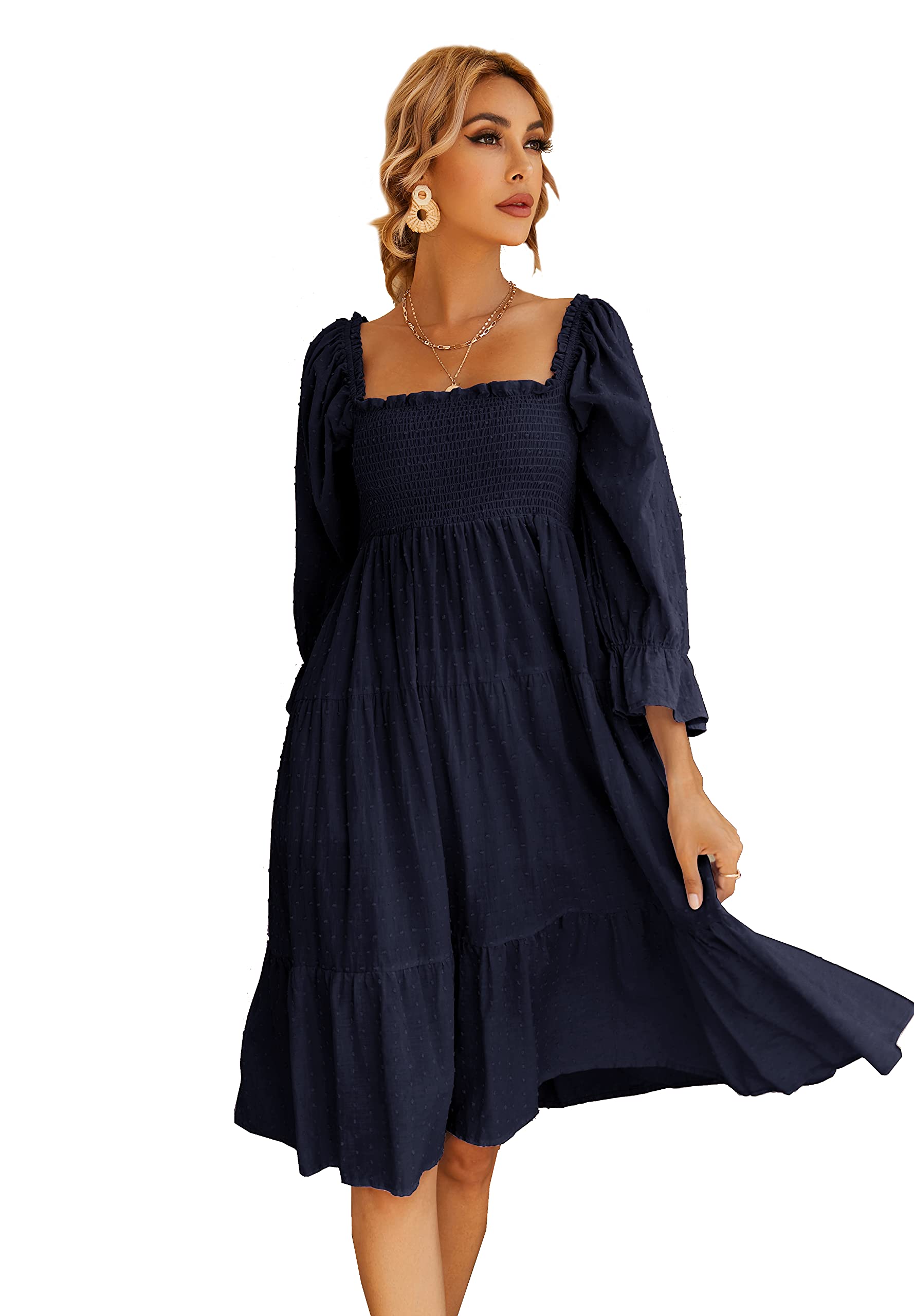 R.VivimosWomen's Summer Cotton Plaid Puff Sleeves Bow Casual Off-Shoulder Boho Midi Dress