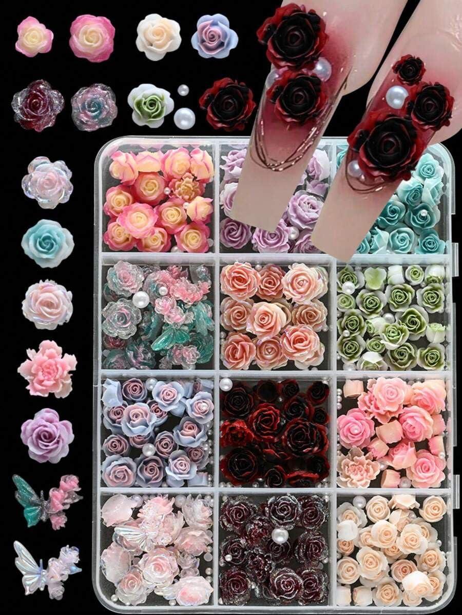 12Grids 3D Elegant Rose Flower Nail Charms White Pearls Beads Romantic Blossoming Flowers Camellia Spring Nails Cute Resin DIY Nail Art Decoration Rose Valentines Day