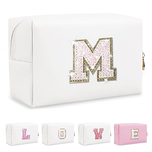 Miniatura 35 de Bolsa de maquillaje personalizada con inicial A-Z Preppy Patch, pequeña bolsa de cosméticos de PU con letra de chenilla y cierre para niñas Negro
